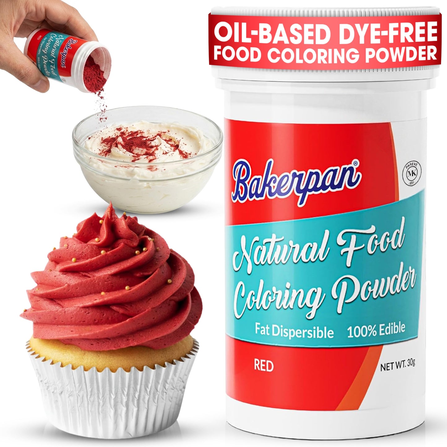 Bakerpan Red Oil-Based Dye-Free Food Coloring Powder for Baking - 30g - Plant-Based, Natural Coloring for Buttercream Frosting, Chocolate, Candy