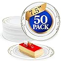 Reli. Disposable Plastic Plates, White & Gold Rim (50 Pcs, 7.5" Dessert Plate) | Hard Plastic, for Dessert/Salad/Cake | Heavy Duty Disposable Rounds