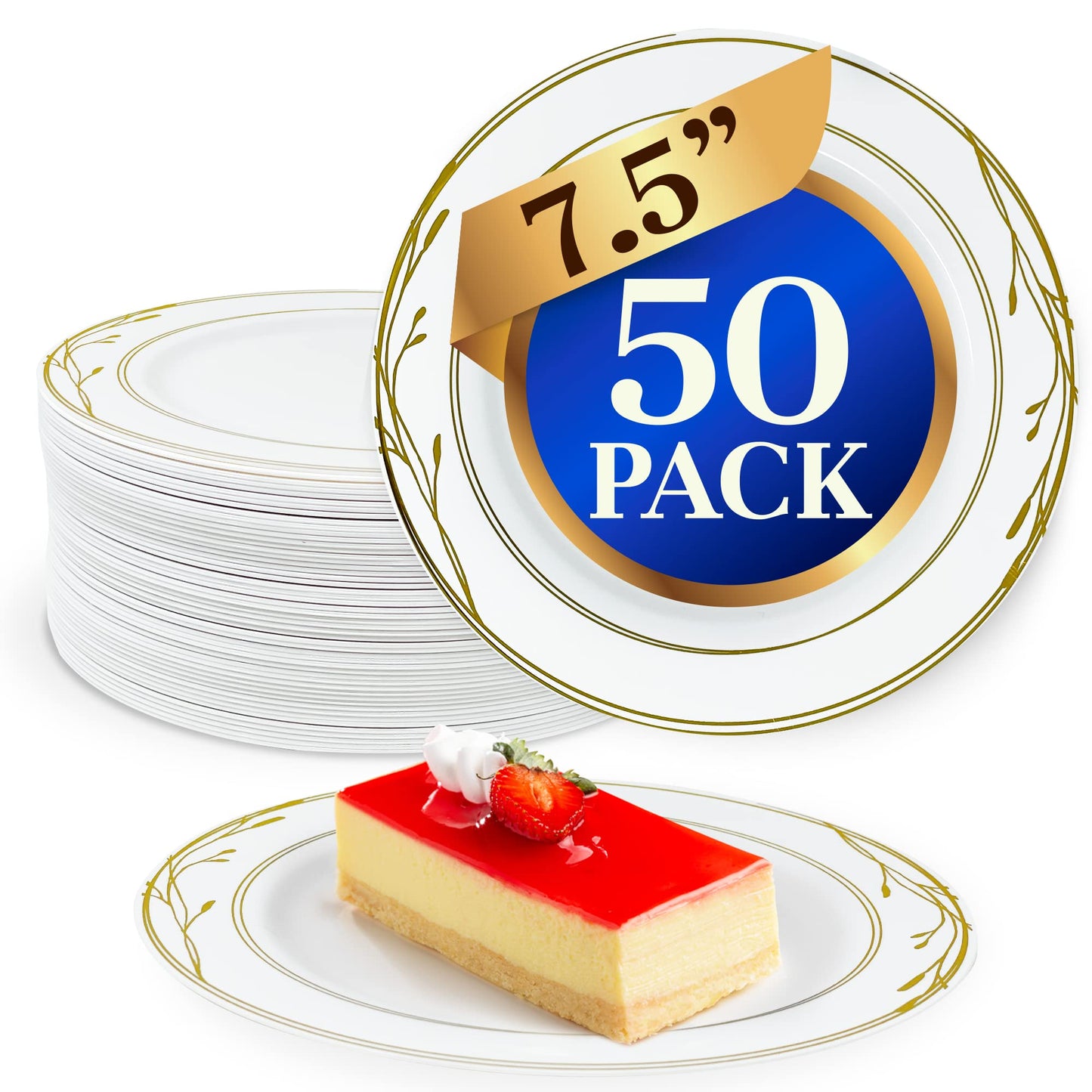 Reli. Disposable Plastic Plates, White & Gold Rim (50 Pcs, 7.5" Dessert Plate) | Hard Plastic, for Dessert/Salad/Cake | Heavy Duty Disposable Rounds