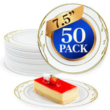 Reli. Disposable Plastic Plates, White & Gold Rim (50 Pcs, 7.5" Dessert Plate) | Hard Plastic, for Dessert/Salad/Cake | Heavy Duty Disposable Rounds