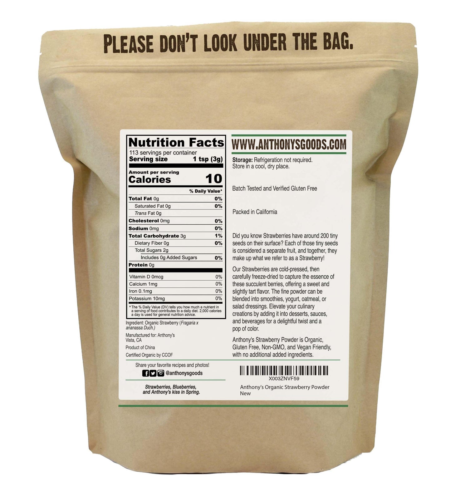 Anthony's Organic Strawberry Powder, 12 oz, Freeze Dried, Gluten Free, No Sugar Added, Non GMO