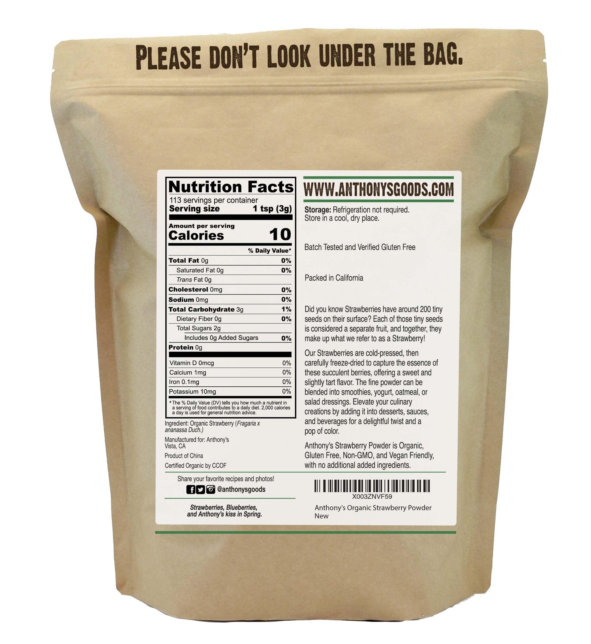 Anthony's Organic Strawberry Powder, 12 oz, Freeze Dried, Gluten Free, No Sugar Added, Non GMO
