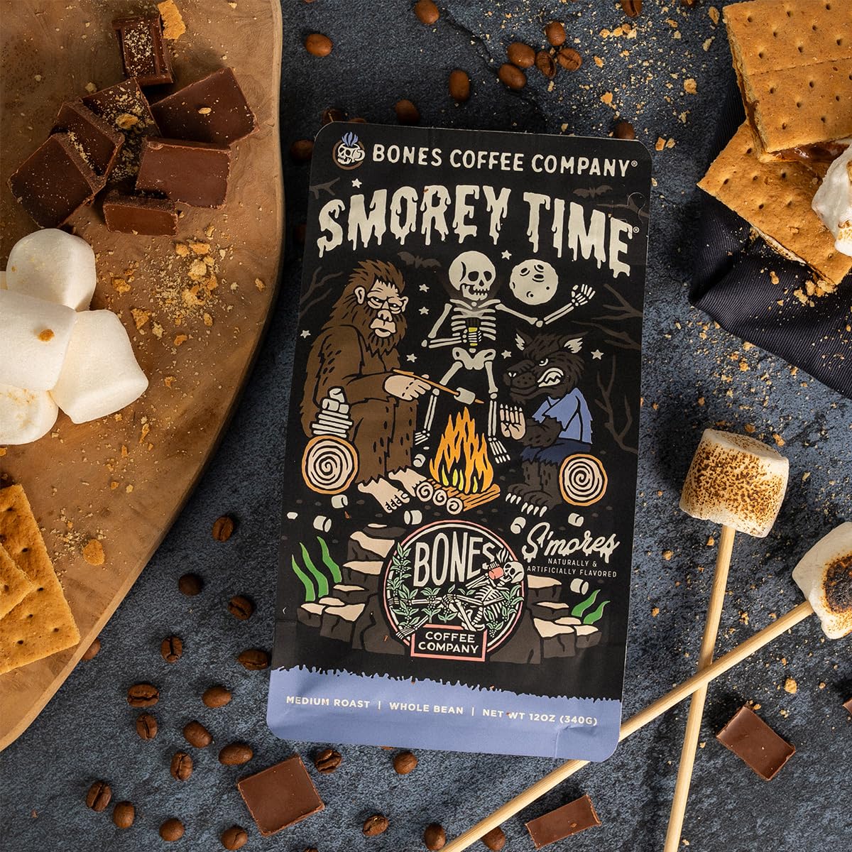 Bones Coffee Company Decaf S'morey Time, S'mores and Graham Crackers Decaffeinated Flavored Coffee, Medium Roast Low Acid Arabica Beans For Auto drip