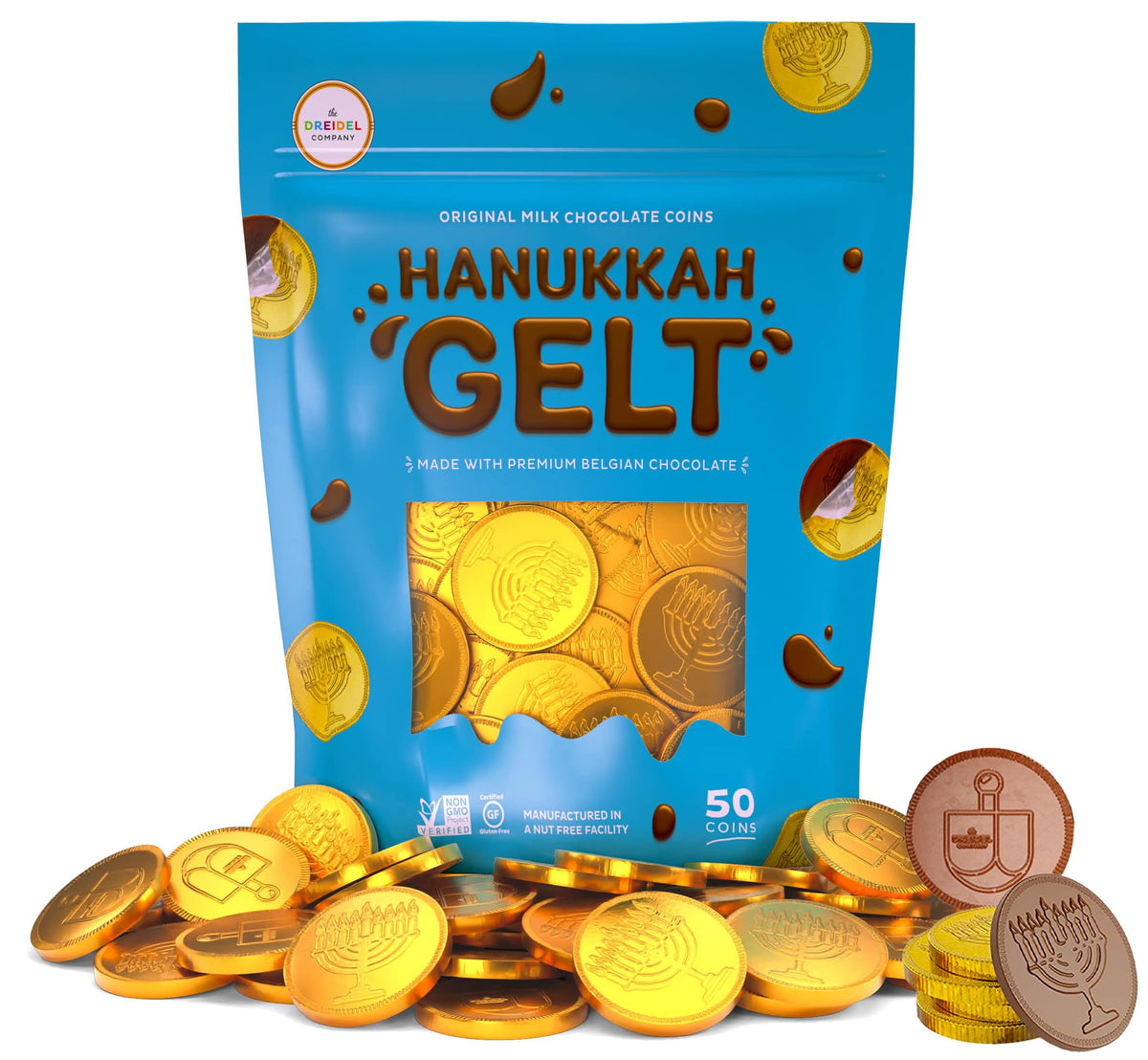 The Dreidel Company Chocolate Gelt 50-Pack Milk Chocolate Coins, Hanukkah Gelt, With Menorah and Dreidel Designs, Made with Premium Belgian