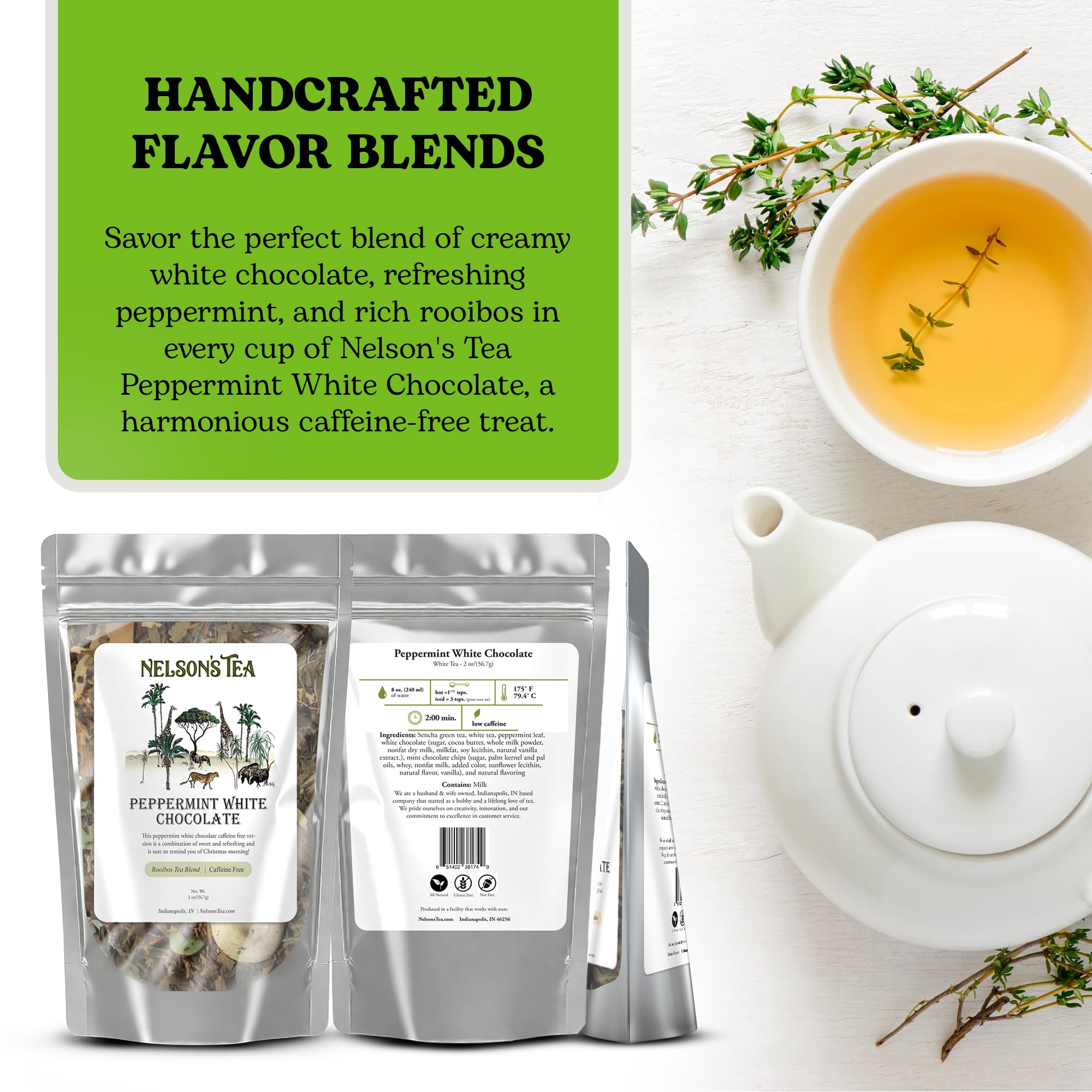 Nelson's Tea - Peppermint White Chocolate - Caffeine Free - Loose Leaf Tea with Green & Red Rooibos - White Chocolate Peppermint Tea (2 oz)