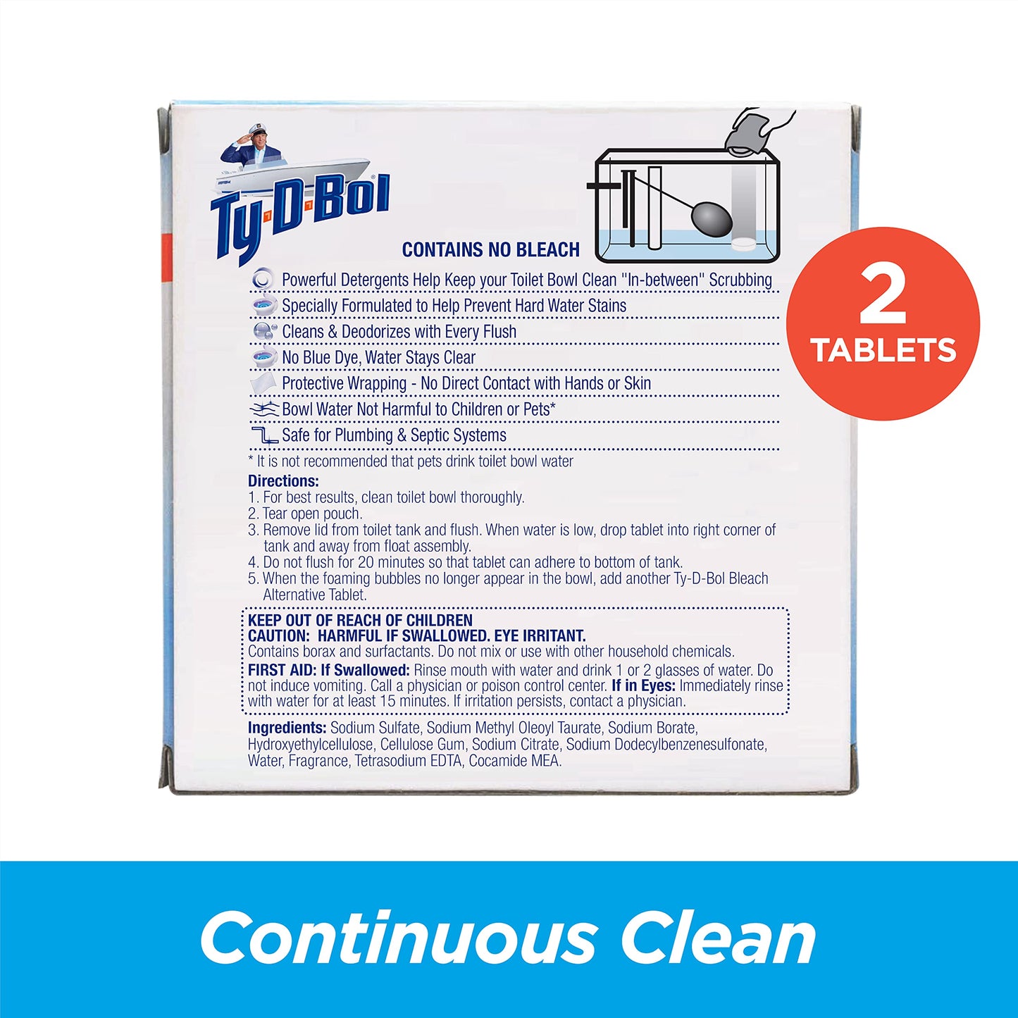 Ty-D-Bol Toilet Bowl Cleaner Tablets, In-Tank Toilet Bowl Tablets, Bleach Alternative, Fragrance Free, 2 Count (Pack of 6)