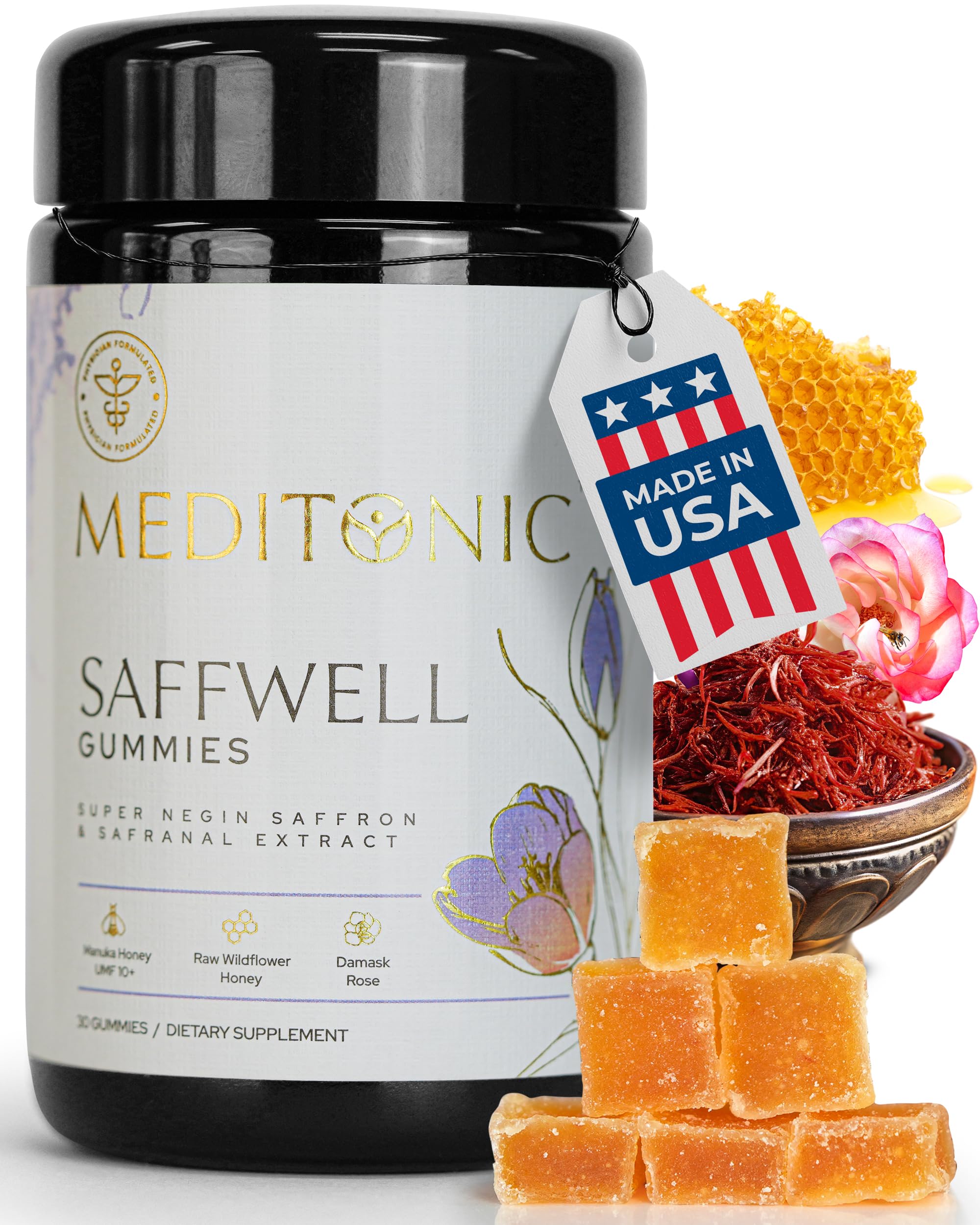 Meditonic® Saffron Gummies | No Added Sugars, Manuka Honey Sweet, Organic Rose Flavor | 33mg Safranal Extract + 2mg Full Spectrum Saffron | Doctor
