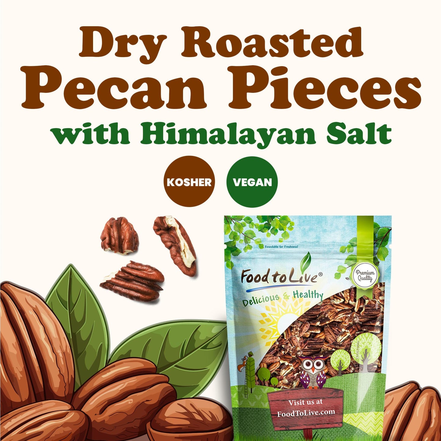 Food to Live Dry Roasted Pecan Pieces with Himalayan Salt, 1.5 Pounds - Oven Roasted, Lightly Salted, No Oil Added, Perfect for Cooking, Baking