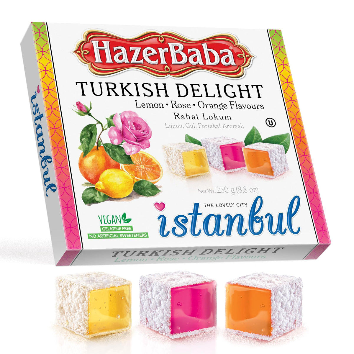 HazerBaba Turkish Delight Candy Rose, Lemon & Orange, 8.8 Oz (Pack of 1)