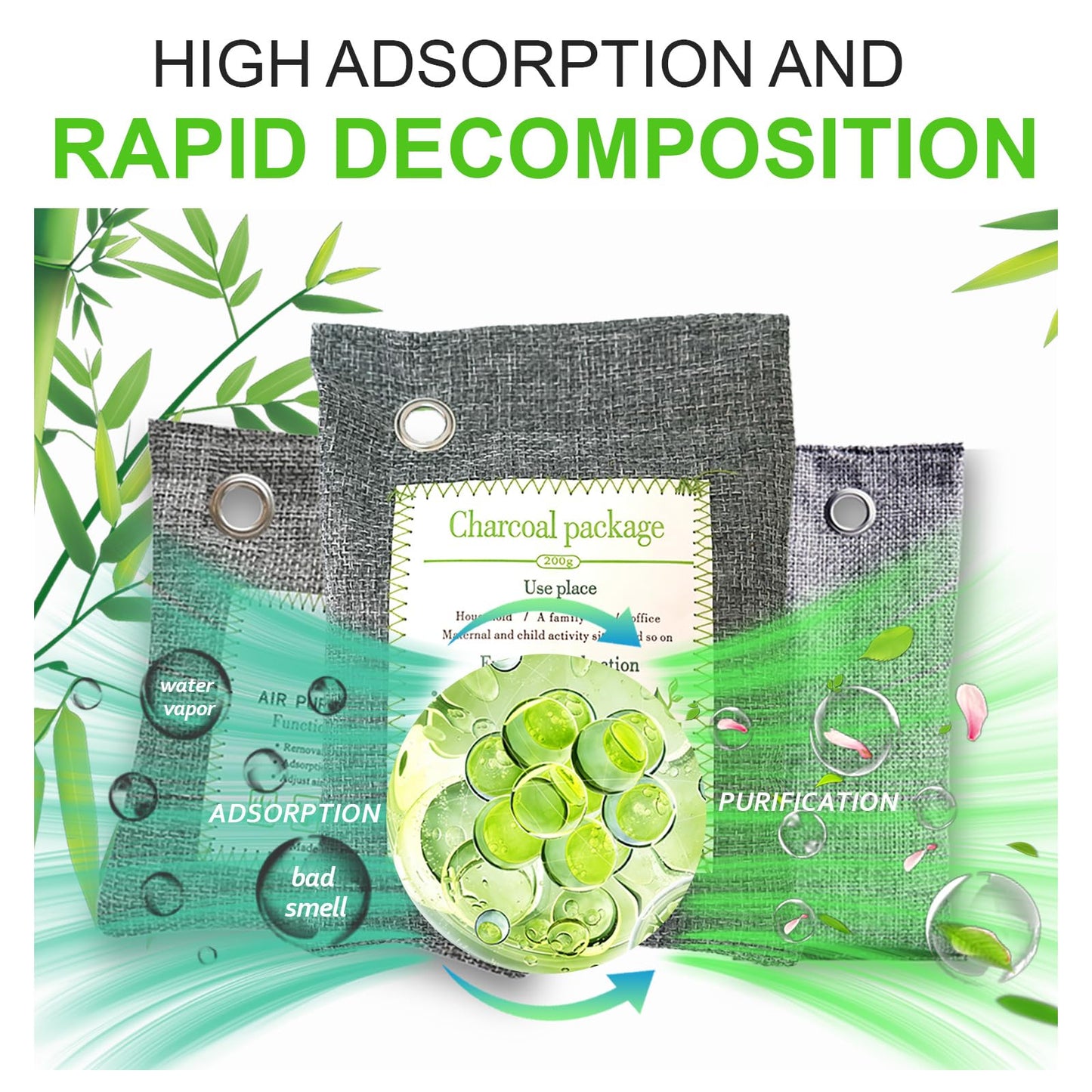 Activated Charcoal Odor Absorber (4x200g Large + 2x75g Small), Bamboo Charcoal Air Purifying Bag, Odor Deodorizer and Eliminator for Cars