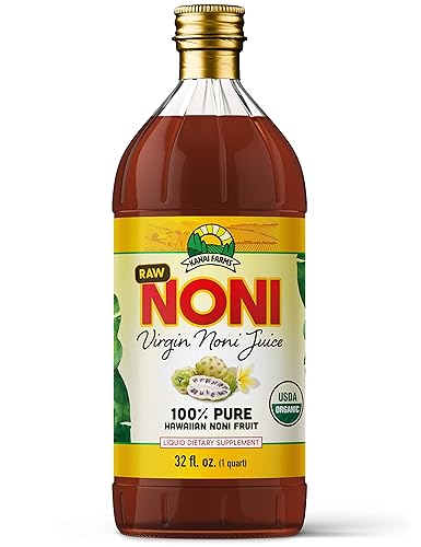 Virgin Noni Juice - RAW (Unpasteurized) 100% Pure Organic Hawaiian Noni Juice - 32oz Glass Bottle