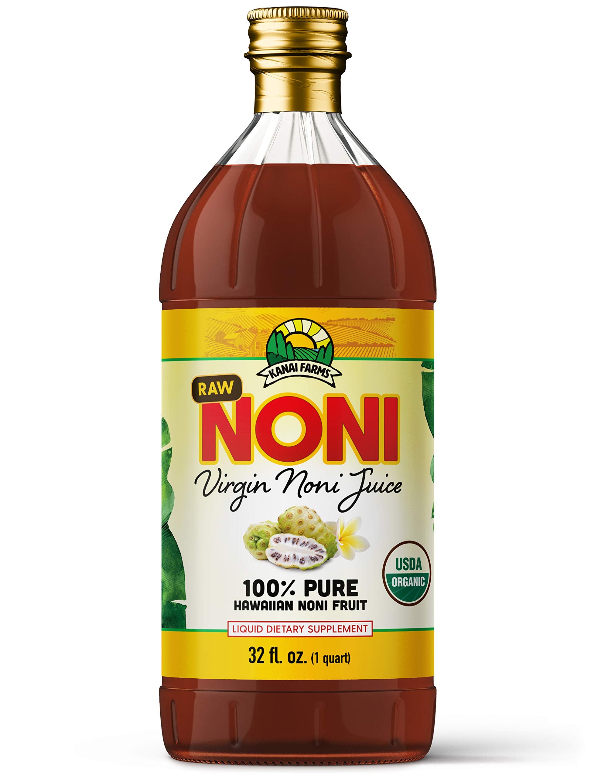 Virgin Noni Juice - RAW (Unpasteurized) 100% Pure Organic Hawaiian Noni Juice - 32oz Glass Bottle