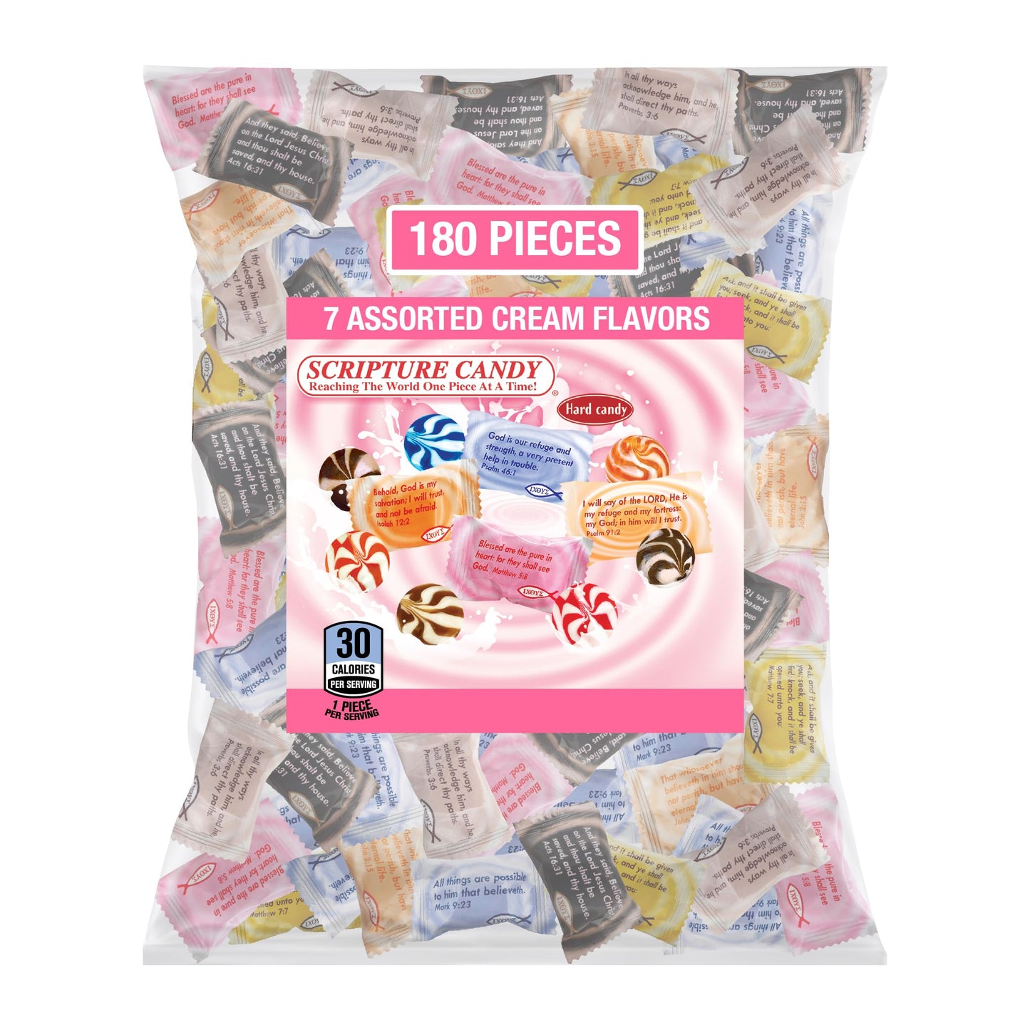 Scripture Candy Assorted Cream Flavored Hard Candy - 180 Individually Wrapped Christian Candies with Bible Verses - Faith-Based Sweets for Church
