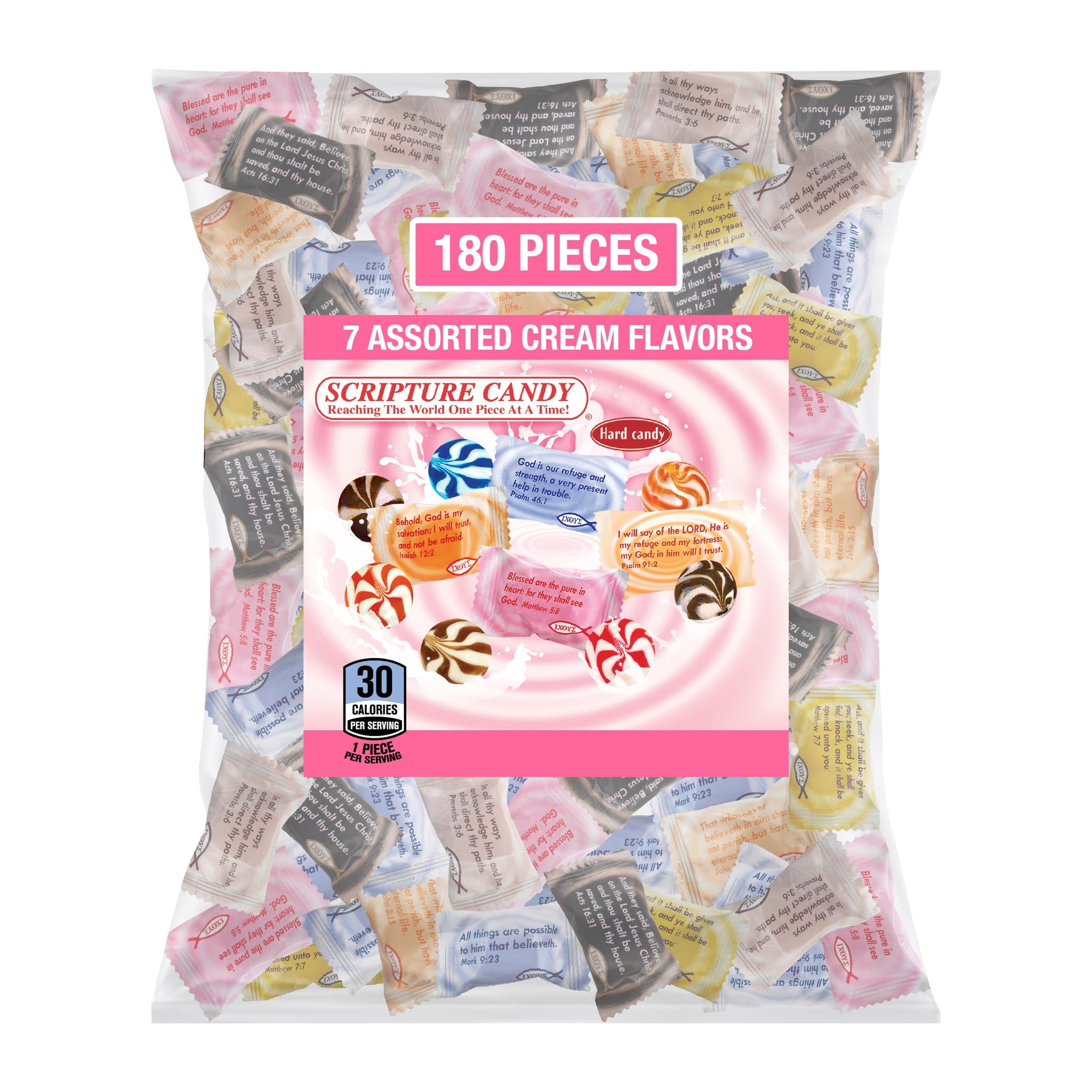 Scripture Candy Assorted Cream Flavored Hard Candy - 180 Individually Wrapped Christian Candies with Bible Verses - Faith-Based Sweets for Church