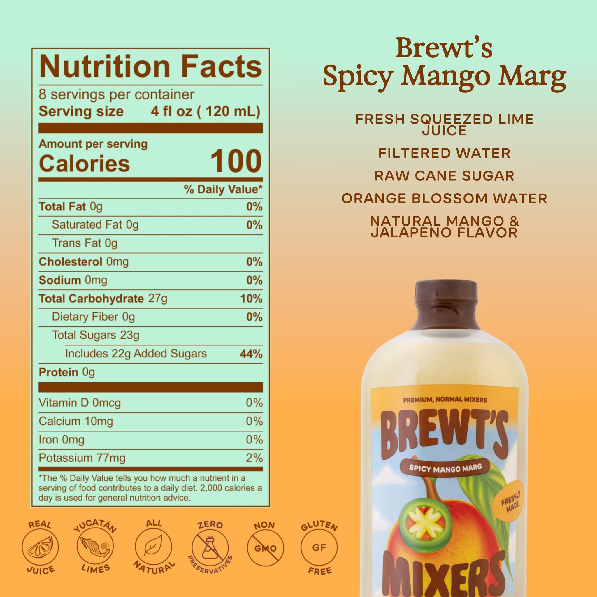 Brewt’s Spicy Mango Margarita Mix - Handcrafted Cocktail & Mocktail Mixer with Real Lime Juice, No Preservatives, Real Ingredients - Non-Alcoholic