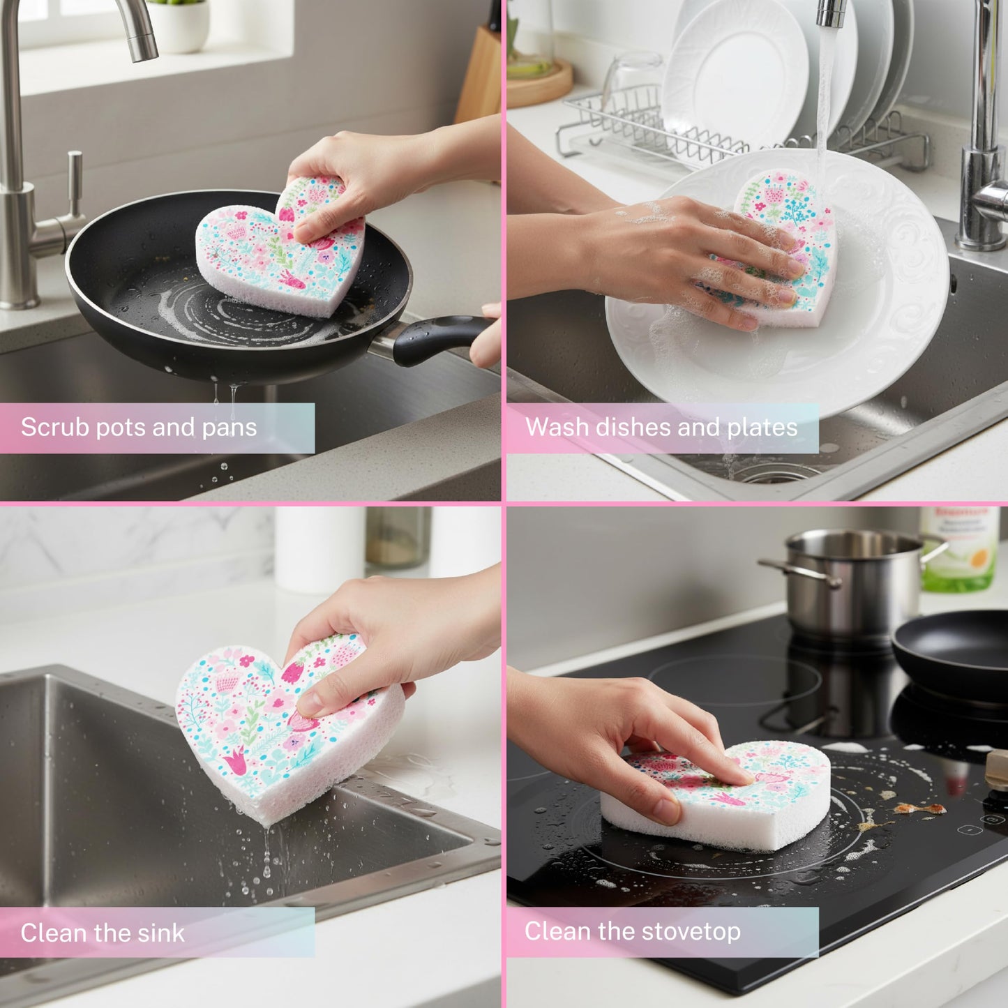 PETALY HOME 5 Pack Heart Shaped Sponges, Non-Scratch Cleaning Sponges with Floral Pattern, Kitchen Heavy Duty Scrub Sponge, Pop Up Eco Valentine's Day