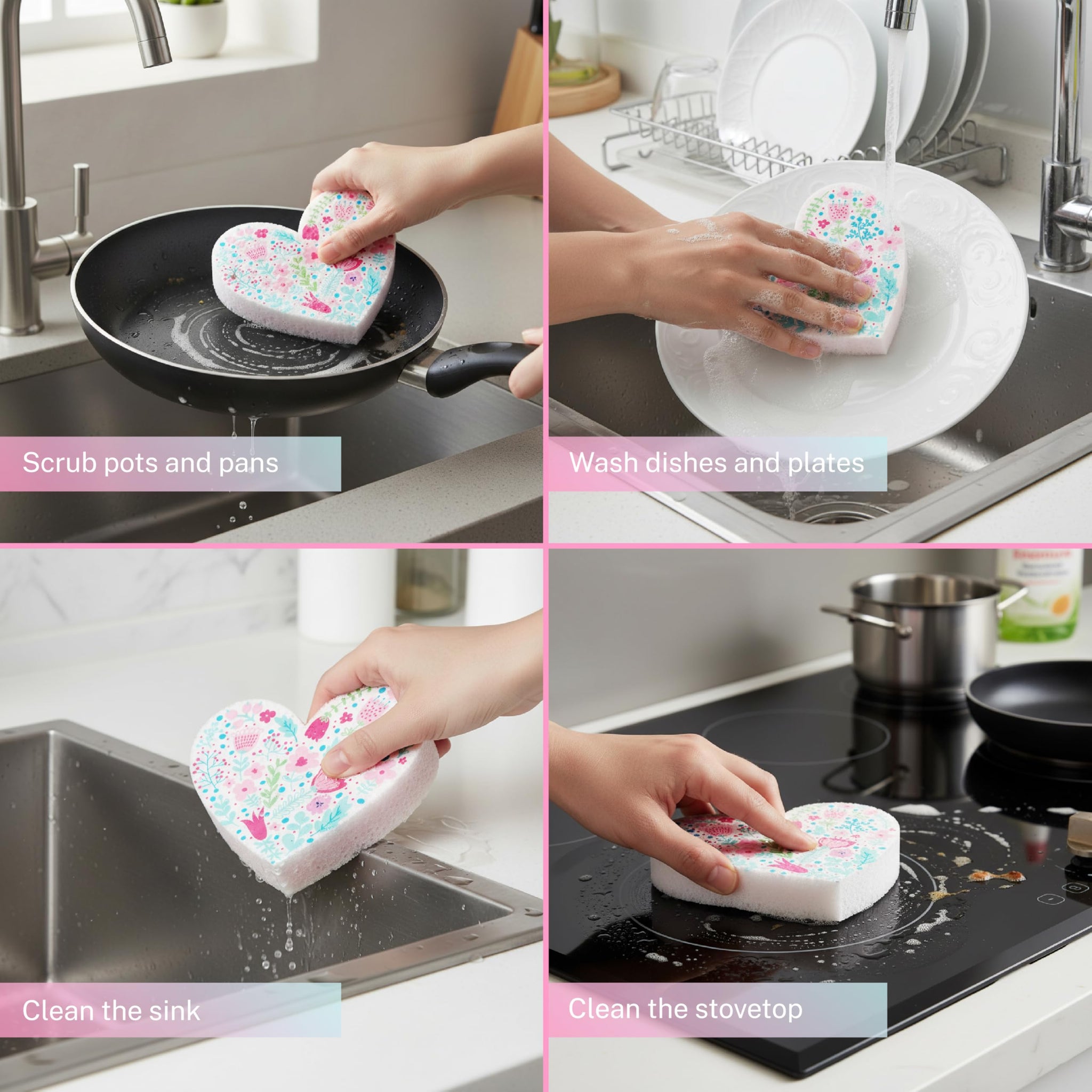 PETALY HOME 5 Pack Heart Shaped Sponges, Non-Scratch Cleaning Sponges with Floral Pattern, Kitchen Heavy Duty Scrub Sponge, Pop Up Eco Valentine's Day