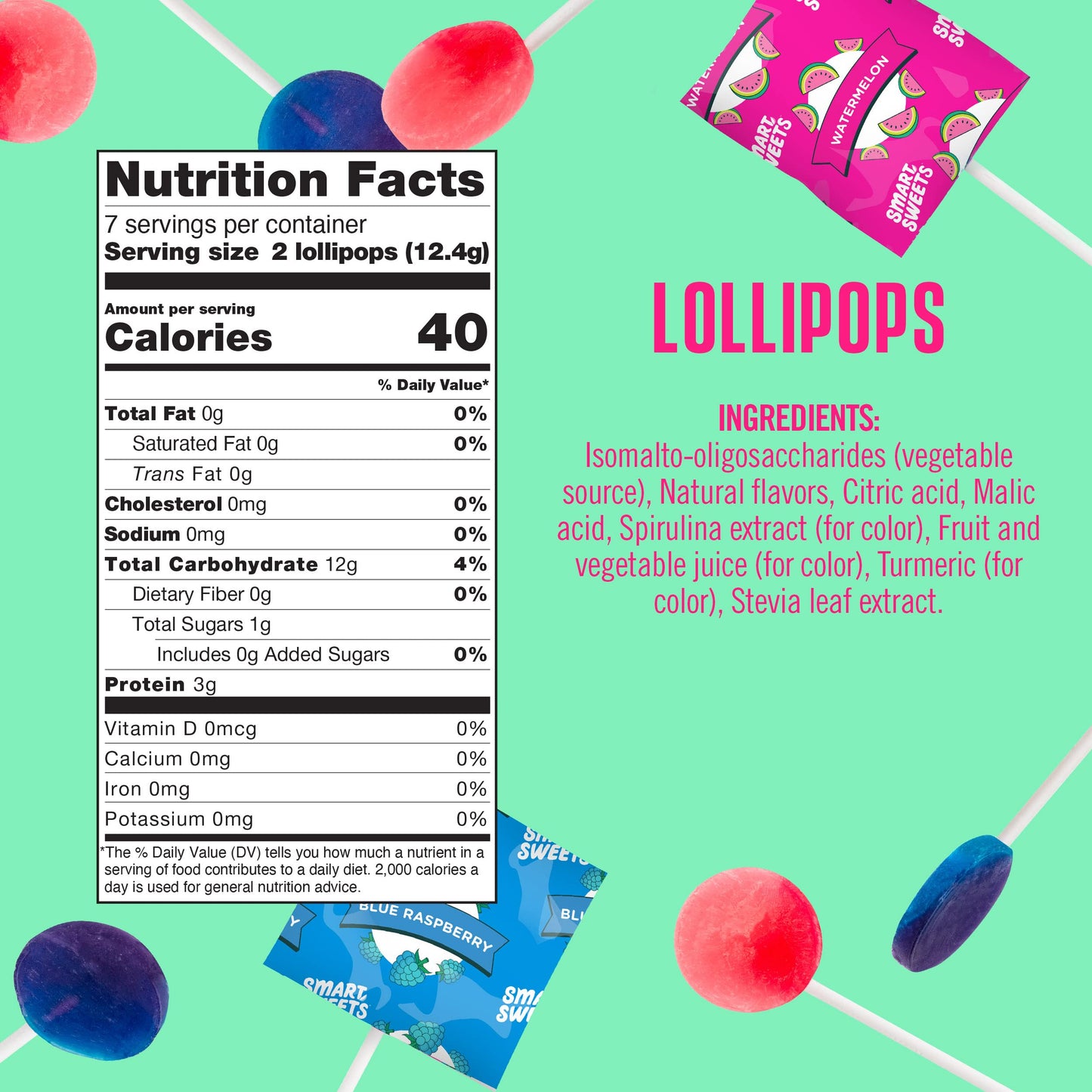 Smart Sweets, Blue Raspberry Watermelon Lollipops Multipack, 3 Ounce