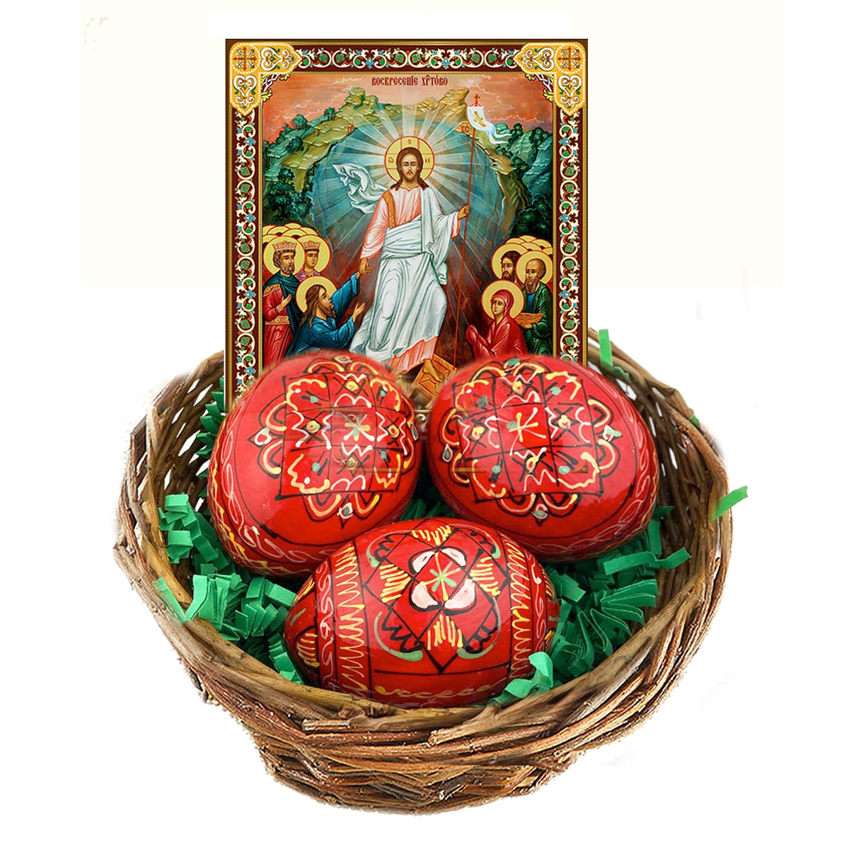 Needzo 3 Red Hand Painted Ukrainian Wooden Easter Eggs Pysanky in Basket With Resurrection Of Christ Icon 3 Inch, Easter Basket Gift Set