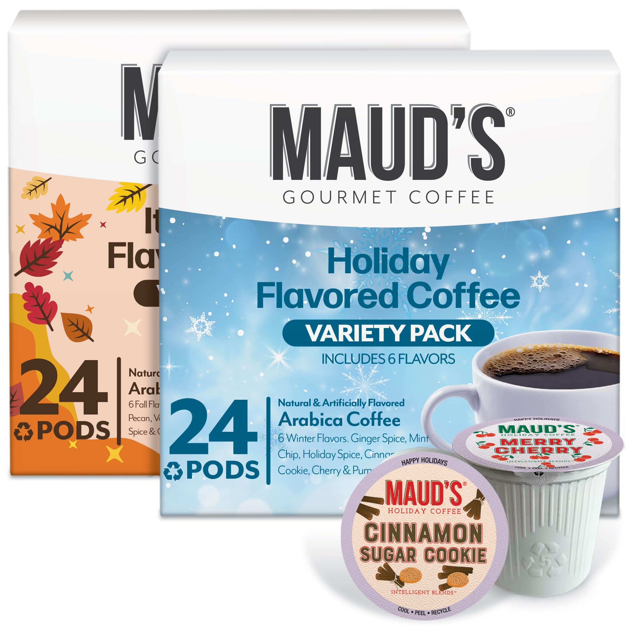 Maud’s Holiday & Fall Flavored Coffee Pods Variety Pack Bundle, 48ct, 11 Assorted Seasonal Flavors, Medium Roast Coffee in Single Serve Pods 100%