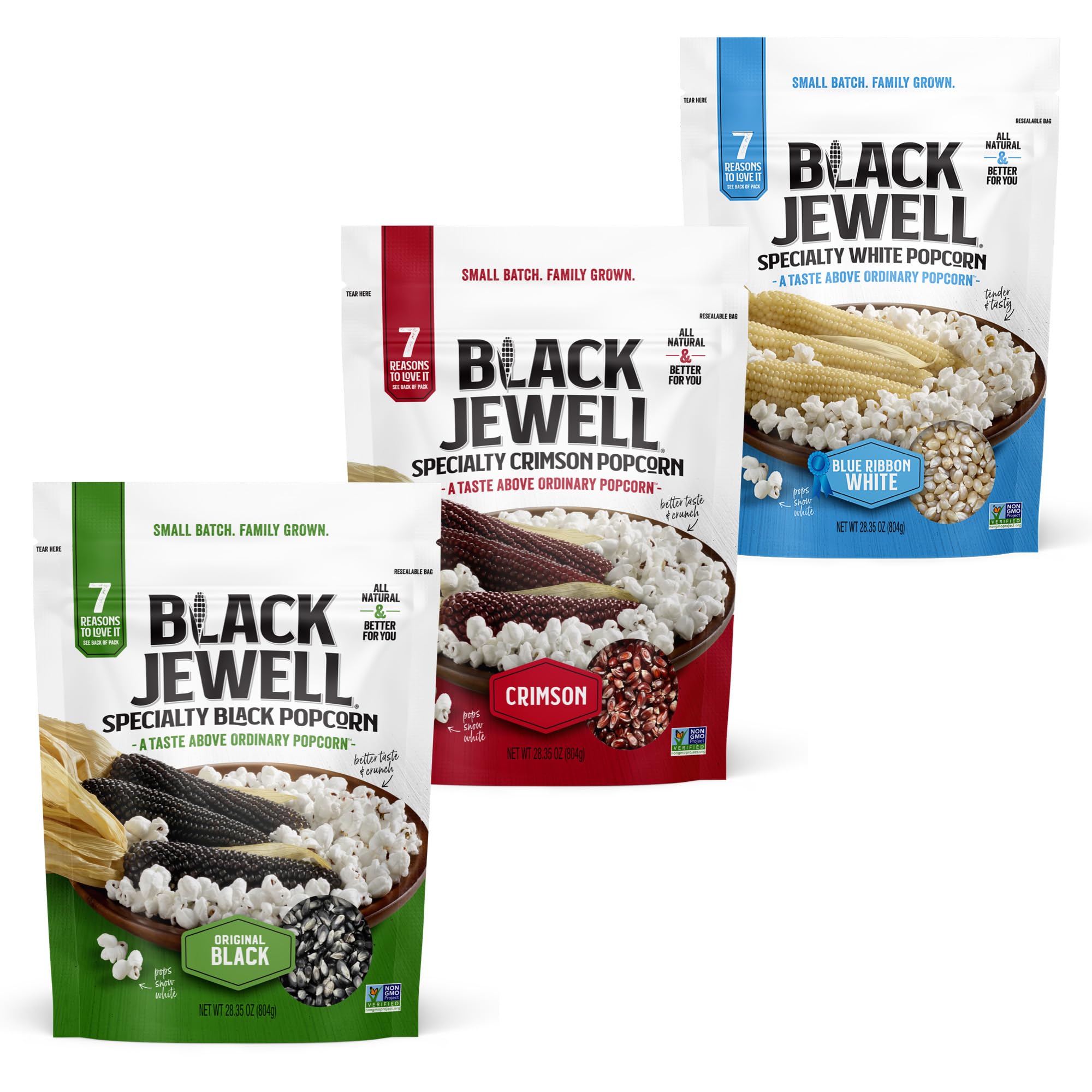 Black Jewell Gourmet Popcorn Kernels, Variety Pack with Original Black, Blue Ribbon White, and Crimson (Pack of 3)