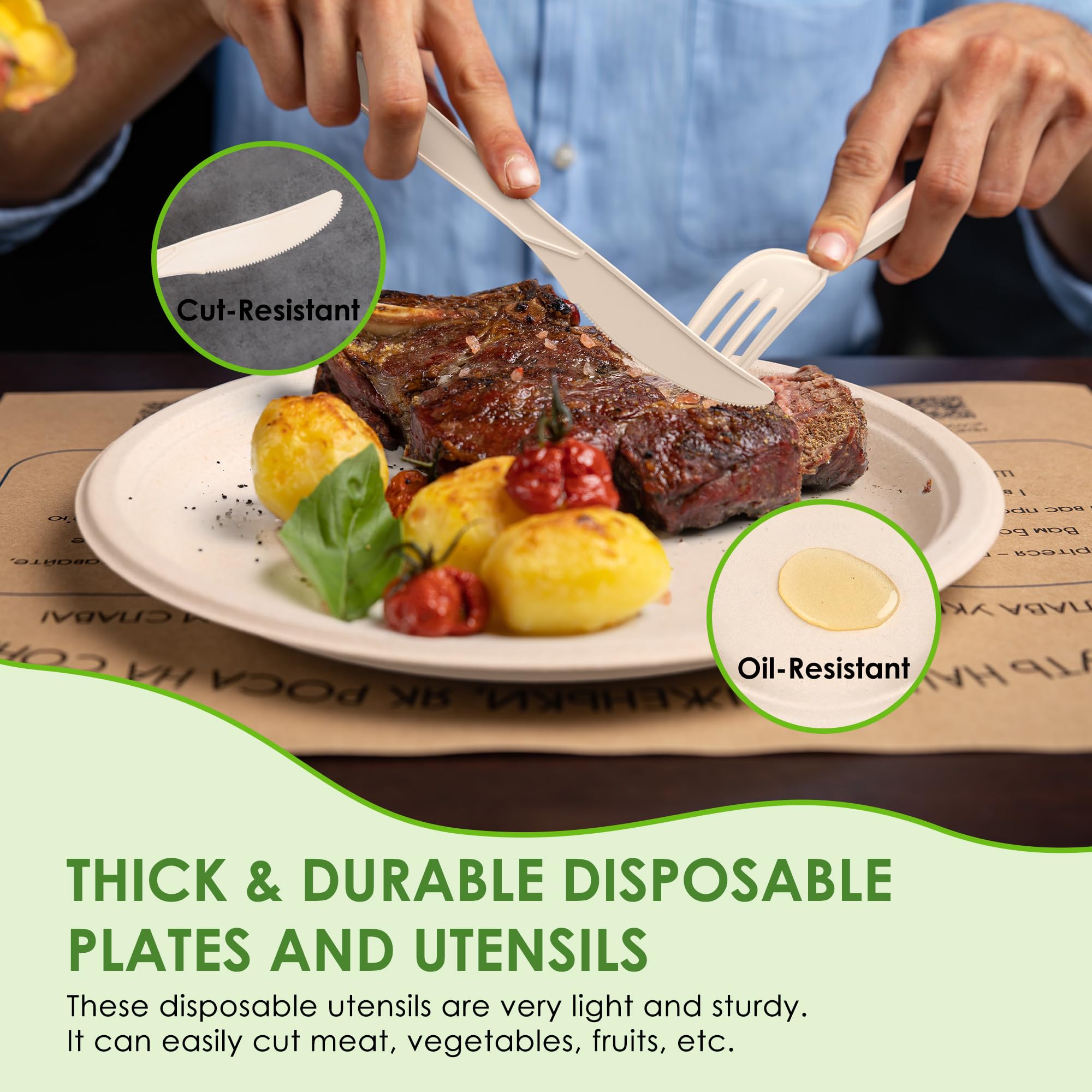 FEHHTO 400PCS Disposable Paper Plates Set, Compostable Eco-friendly Dinnerware Set, Biodegradable Heavy-Duty Paper Plates, Utensils, Cups, Napkins