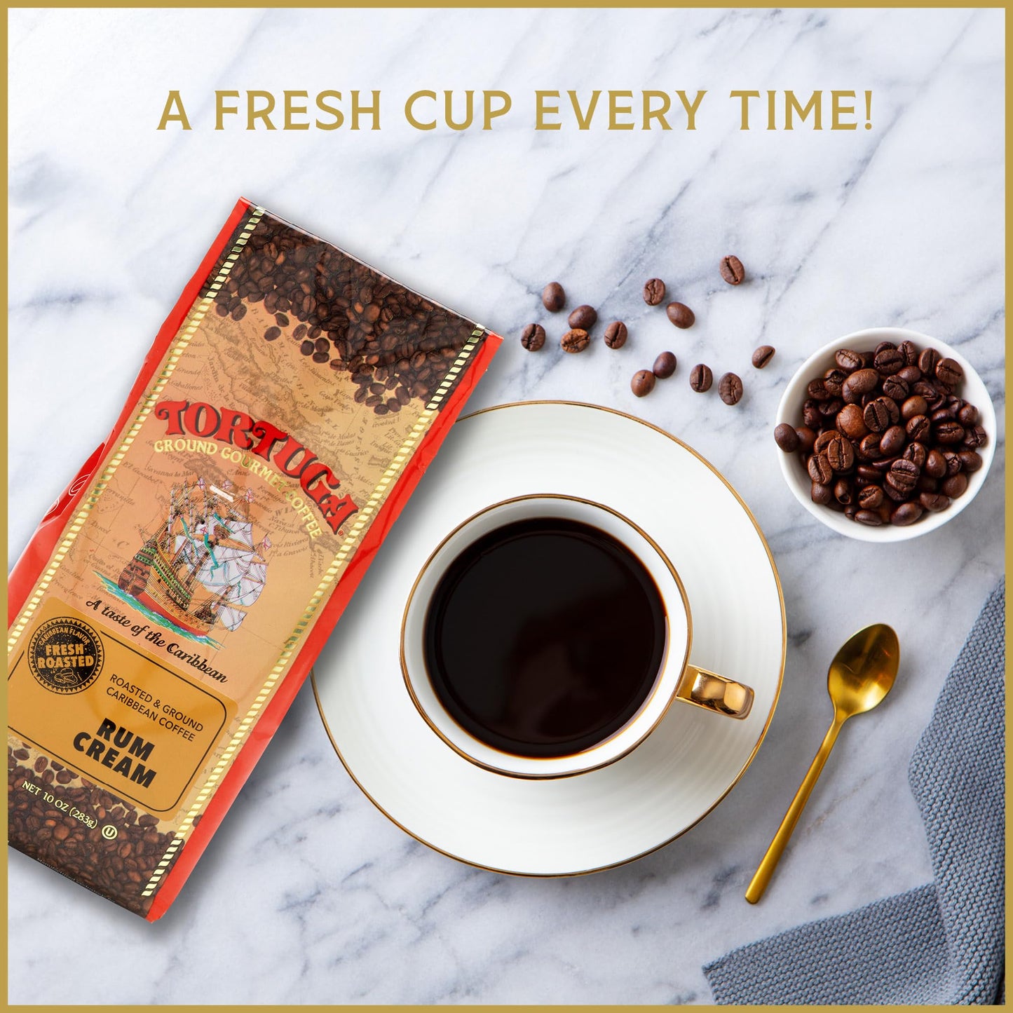 TORTUGA Caribbean Rum Cream Flavored Coffee- Roasted and Ground Coffee 10oz - The Perfect Premium Gourmet Gift for Gift Baskets, Parties, Holidays