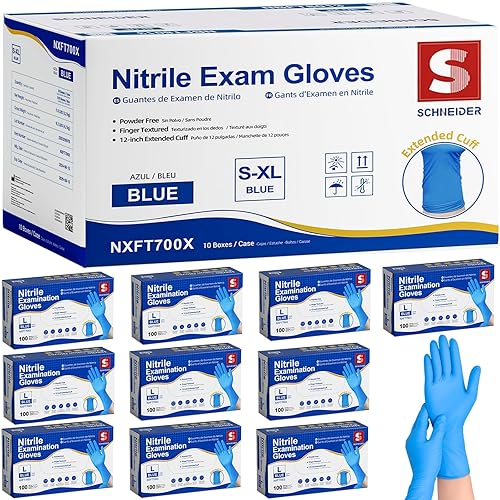 Schneider Nitrile Exam Gloves, Extended 12 Inches Cuff, Medium, 4 mil, 1000-ct Box, Gloves Disposable Latex Free, Powder Free for Medical, Food Prep