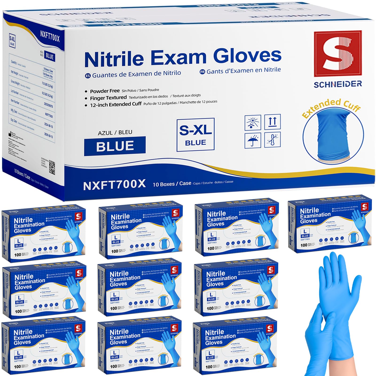 Schneider Nitrile Exam Gloves, Extended 12 Inches Cuff, Medium, 4 mil, 1000-ct Box, Gloves Disposable Latex Free, Powder Free for Medical, Food Prep