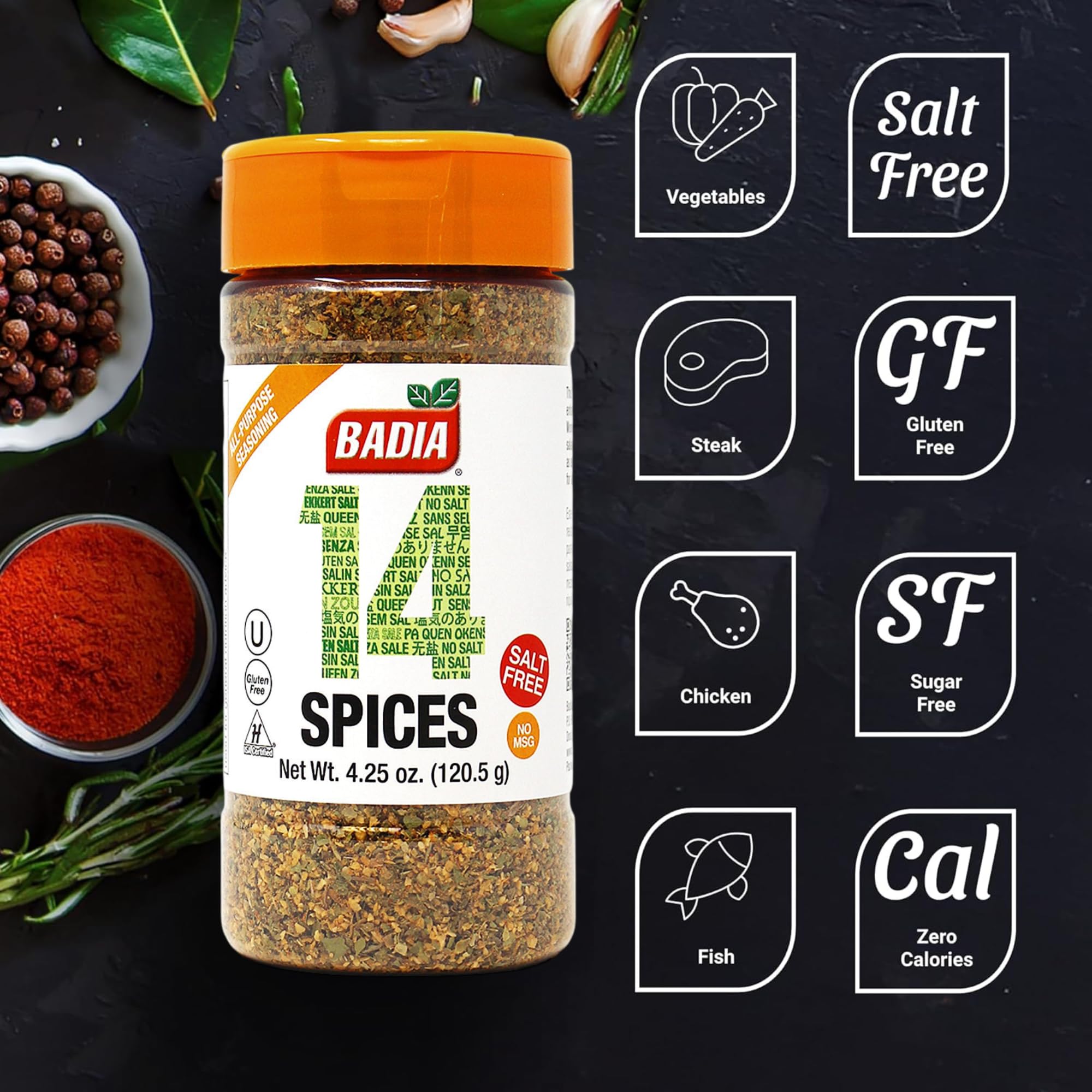 Badia 14 Spices Salt-Free All Purpose Seasoning, 4.25 oz - Savory Blend of Garlic, Onion, Herbs, Spices & Peppers