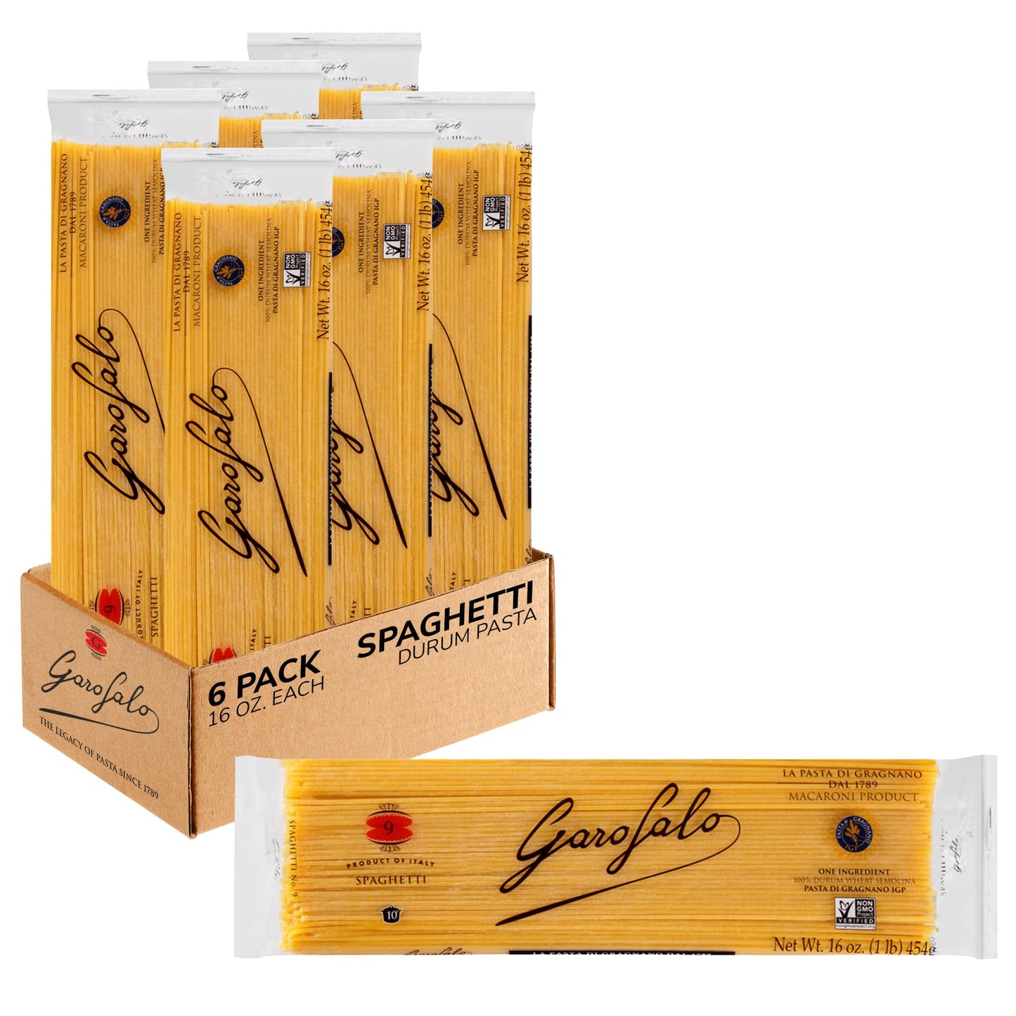 Garofalo - Premium Durum Wheat Semolina Spaghetti Pasta, Italian Made, Bronze-Drawn, Al-Dente, One-Ingredient Pasta (6 pack)