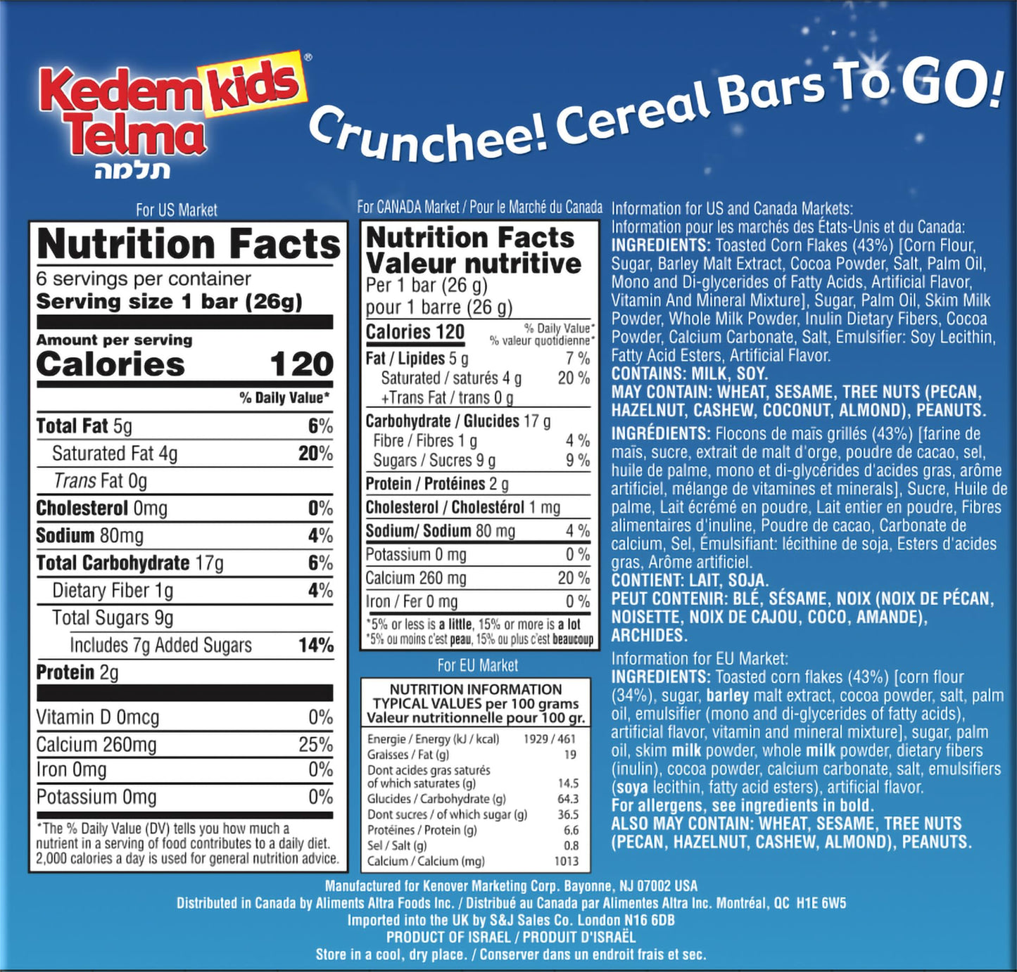 Kedem Kids, Crunchee! Dairy Chocolate Flavored Cereal Bars, "2 Pack" (Total 12 Bars) Individually Wrapped, Good Source of Calcium