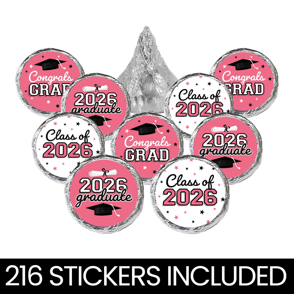DISTINCTIVS Class of 2026 Graduation Candy Stickers for Chocolate Drops, Pink Grad Party Favors - 216 Count