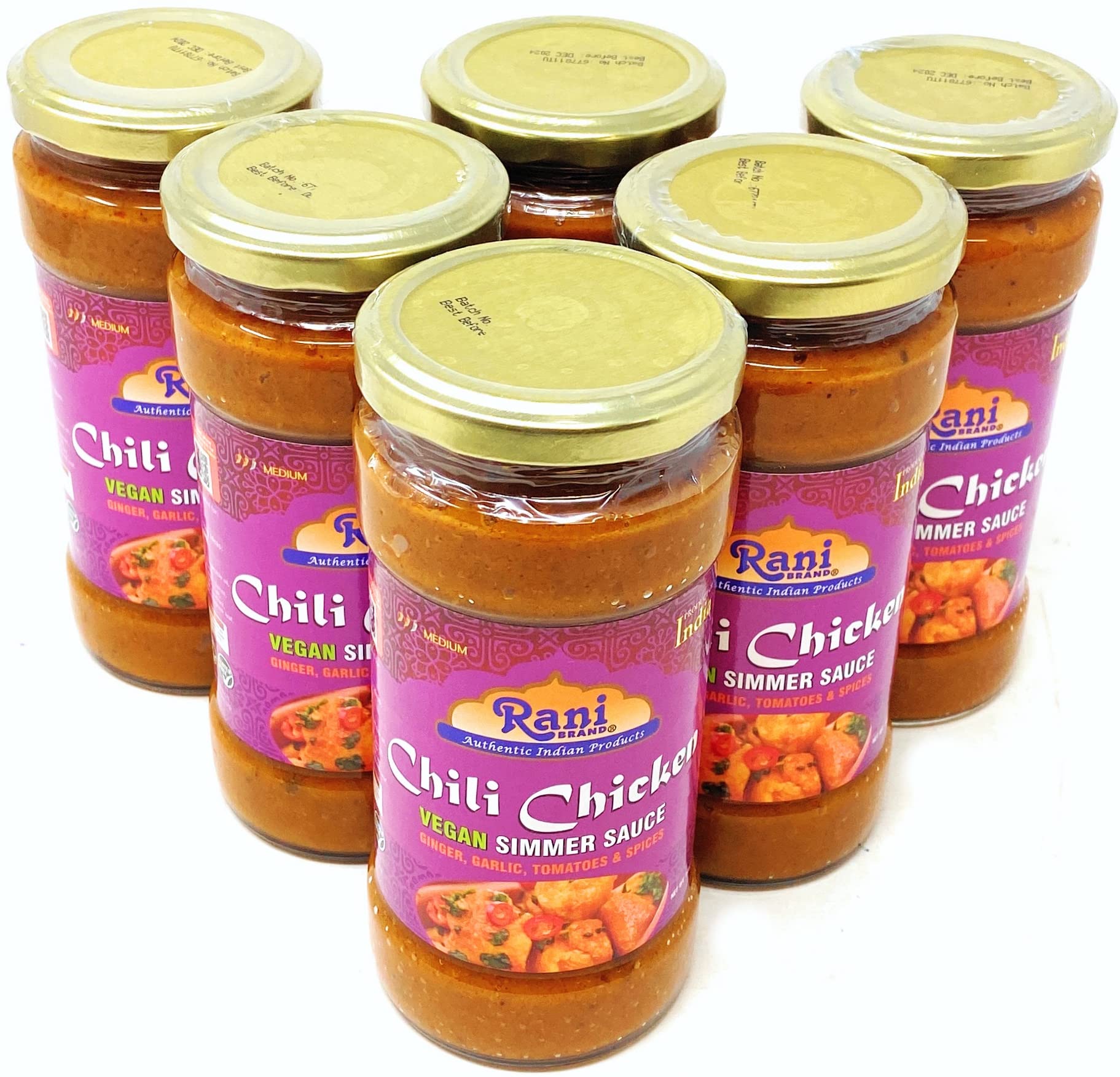 Rani Chili Chicken Vegan Simmer Sauce (Ginger, Garlic, Tomatoes & Spices) 14oz (400g) Glass Jar, Pack of 5+1FREE ~ Easy to Use | Vegan | No Colors |