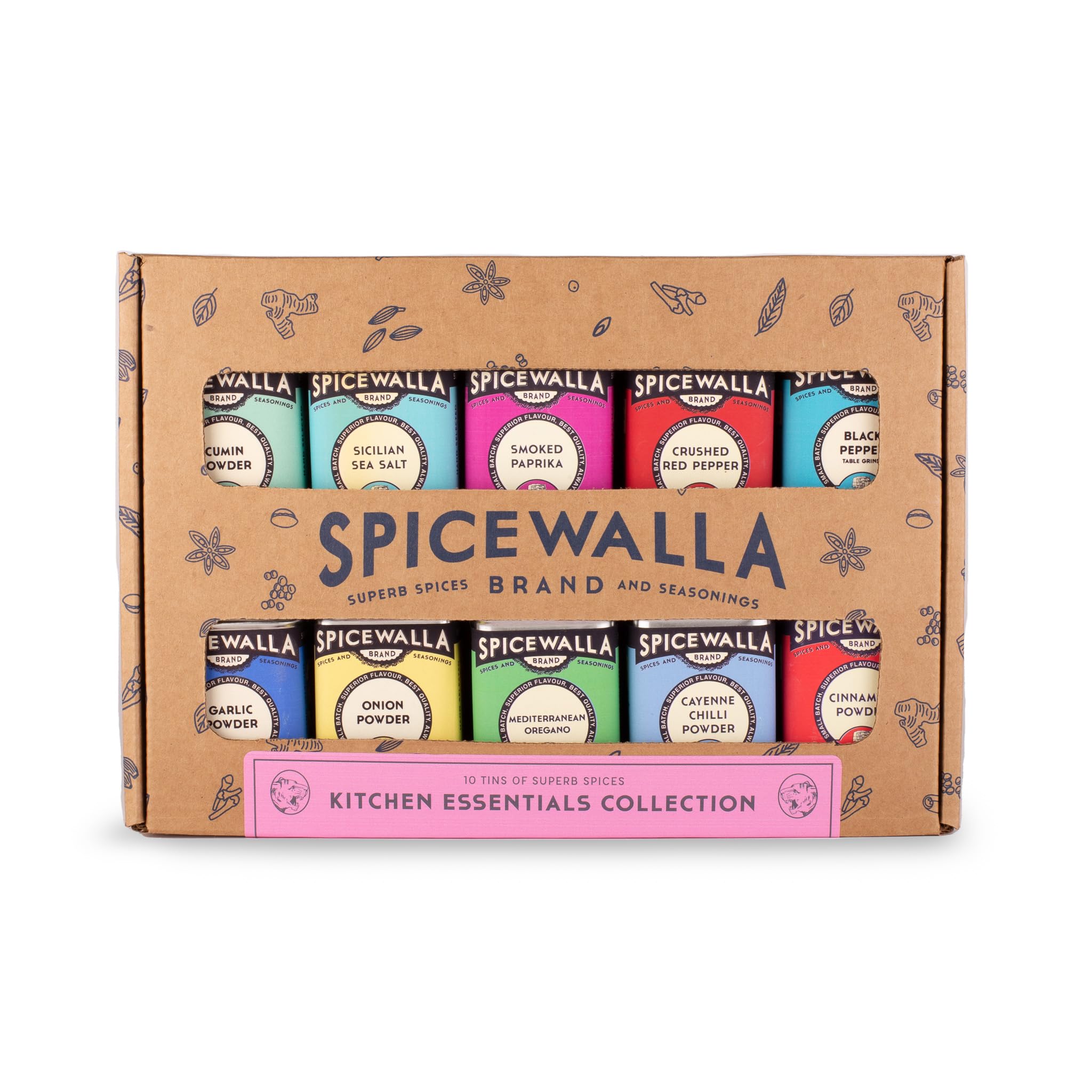 Spicewalla Essential Spices and Seasonings Set 10 Pack Variety | Garlic, Onion, Paprika, Crushed Red Pepper, Oregano, & more| Kitchen Cooking Set