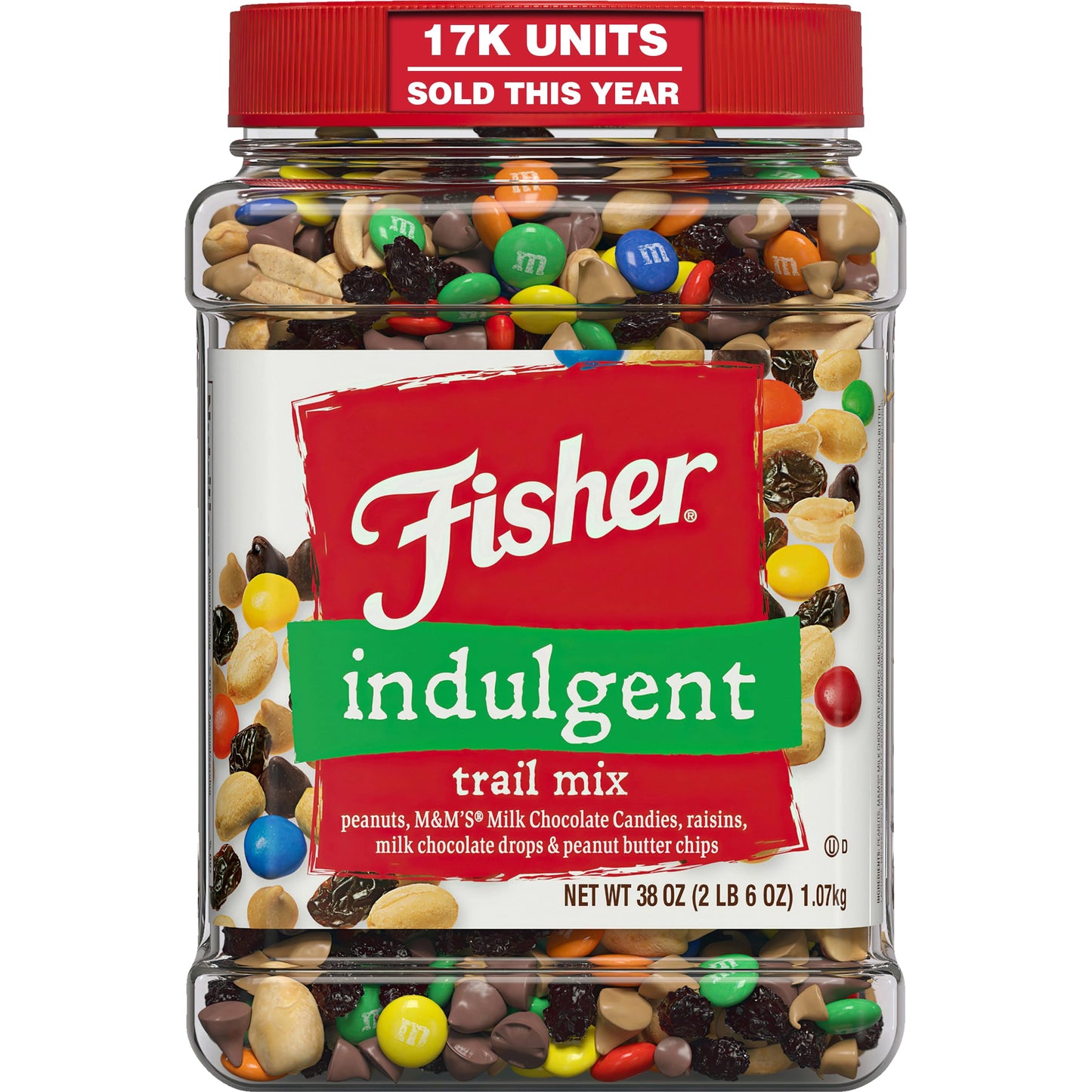 Fisher Snack Indulgent Bulk Trail Mix, 38 oz (Pack of 1), Peanuts, Milk Chocolate Candies, Raisins, Milk Chocolate and Peanut Butter Chips, Snacks