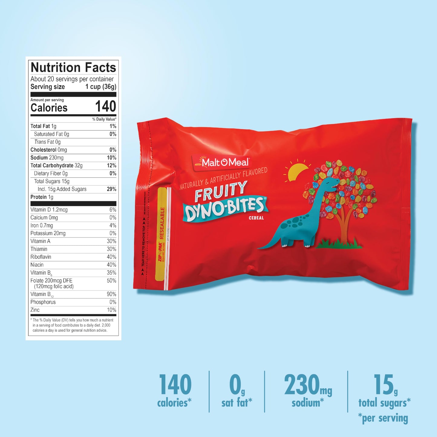 Malt-O-Meal Fruity Dyno Bites Gluten Free Breakfast Cereal with Fruity-Flavor, Bulk Size for Family, 25 oz Resealable Bag