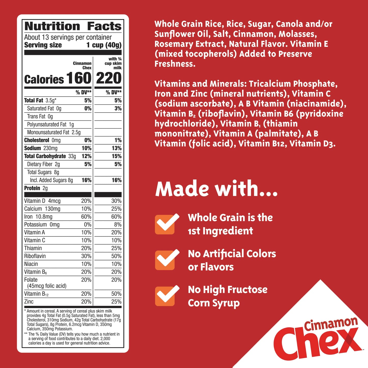 Cinnamon Chex Cereal, Gluten Free Breakfast Cereal, Made with Whole Grain, Family Size, 19.2 oz