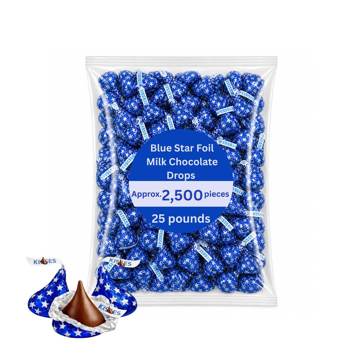 Milk Chocolate Candy Pieces Blue Star Foil Wrapped Bulk Bag - 25 lb (Approx. 2500 pieces)
