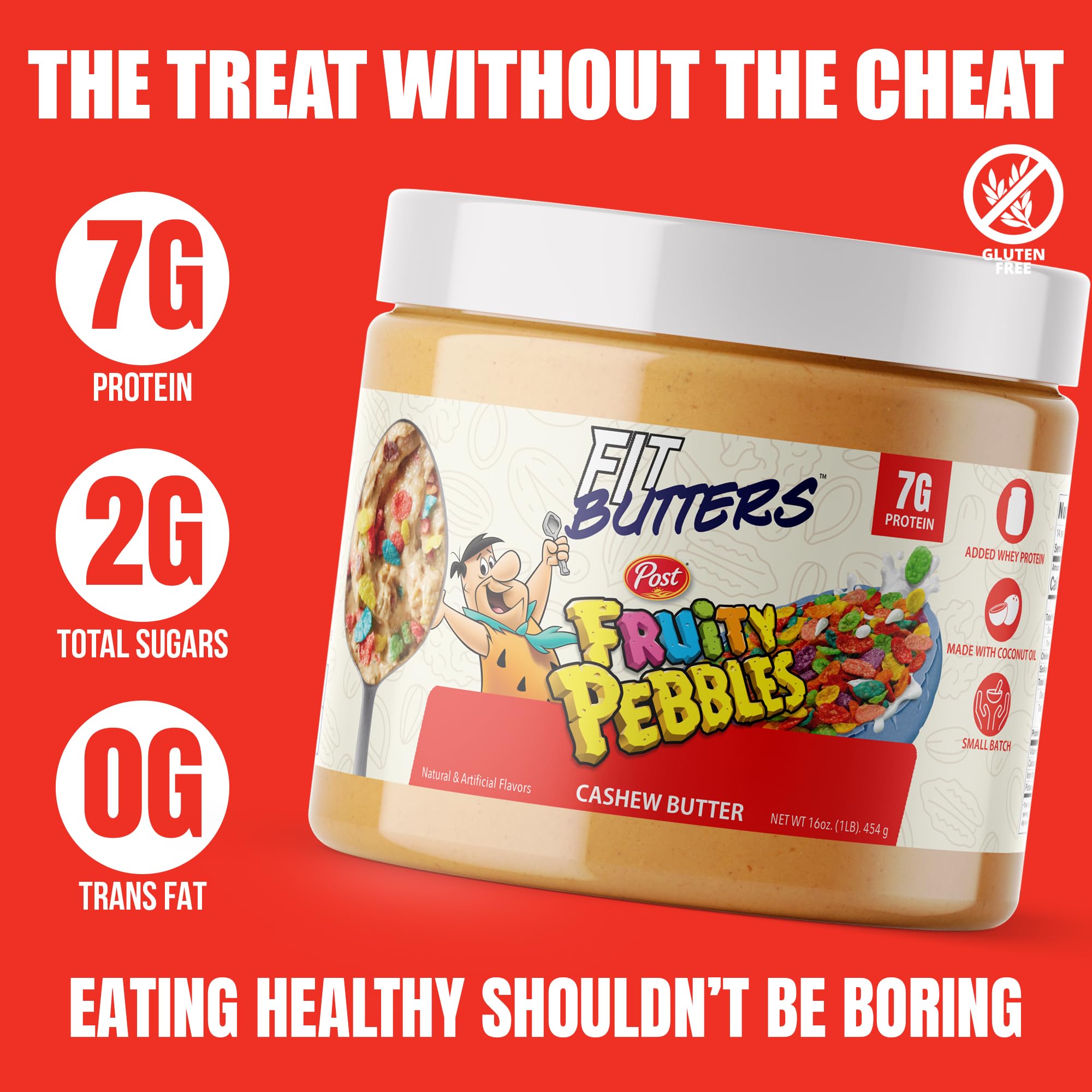 Fit Butters Fruity PEBBLES™ Cashew Butter - Added Protein and Coconut Oil, Low Carb, Low Sugar, Complete Protein Dessert Flavored Nut Butter