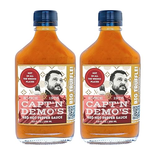 CAPT’N DEMO’S Truffle Hot Sauce BIG TRUFFLE FLASK - Gourmet Red Sauce with Real White & Black Truffle - Hot Honey Garlic Blend - Small Batch Luxury