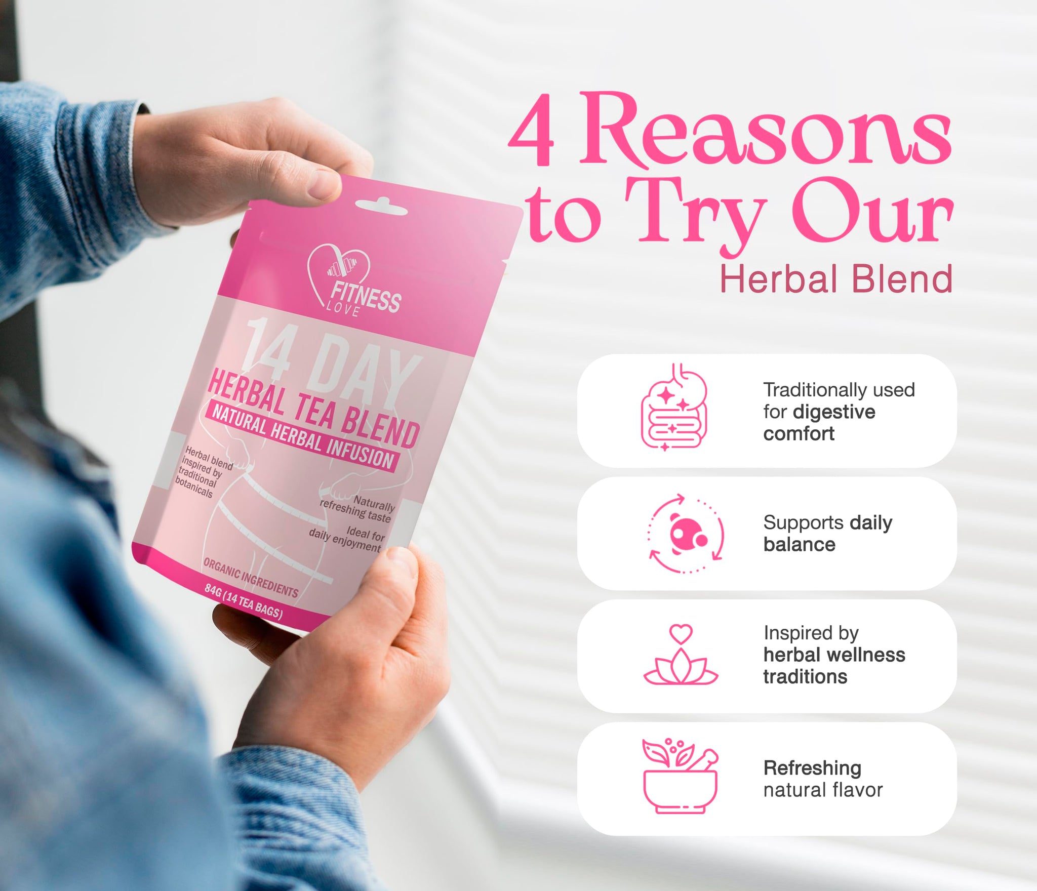 Fitness Love 14 Day Herbal Detox Tea - Caffeine-Free Infusion with Lotus, Rose & Chrysanthemum - Gentle Digestive & Wellness Support - Herbal Blend