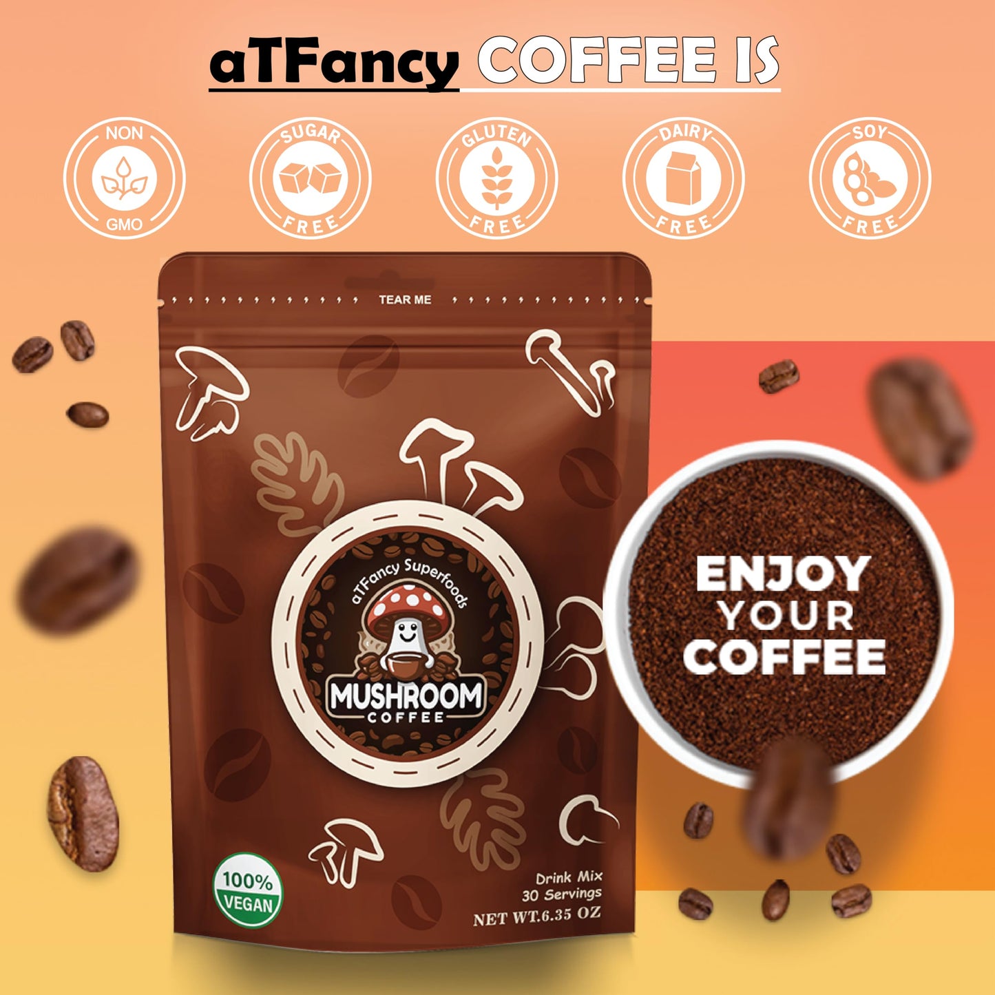 aTFancy Organic Mushroom coffee, Instant, 6 adoptogenic mushroom ingredients, (Pack of 1) 30 servings, 6.35 oz, With Spoon