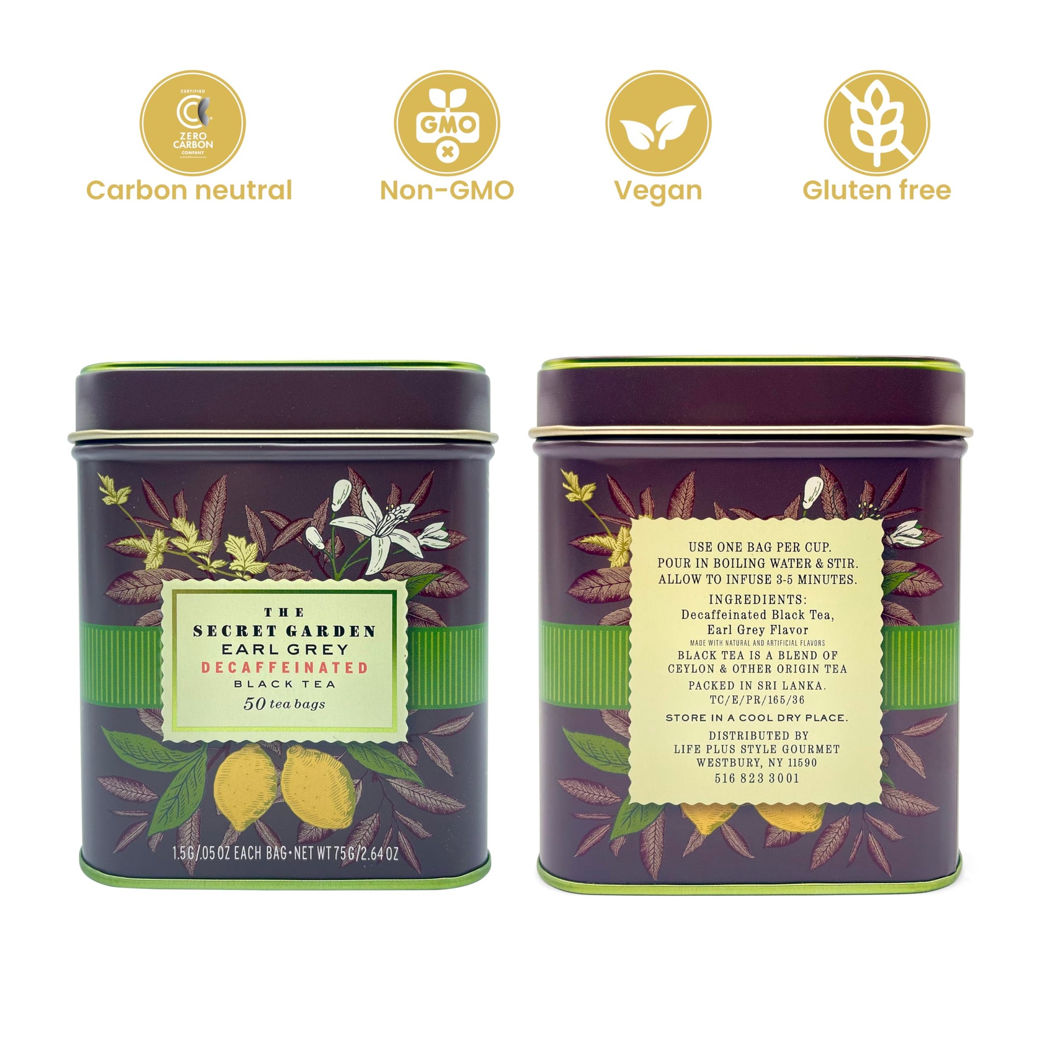 Premium Earl Grey Bergamot Decaf Tea Bags 50 Pack Designer Tin, Crafted in Sri Lanka, Naturally Decaffeinated Herbal Teabags Full Bodied Flavor, Keto