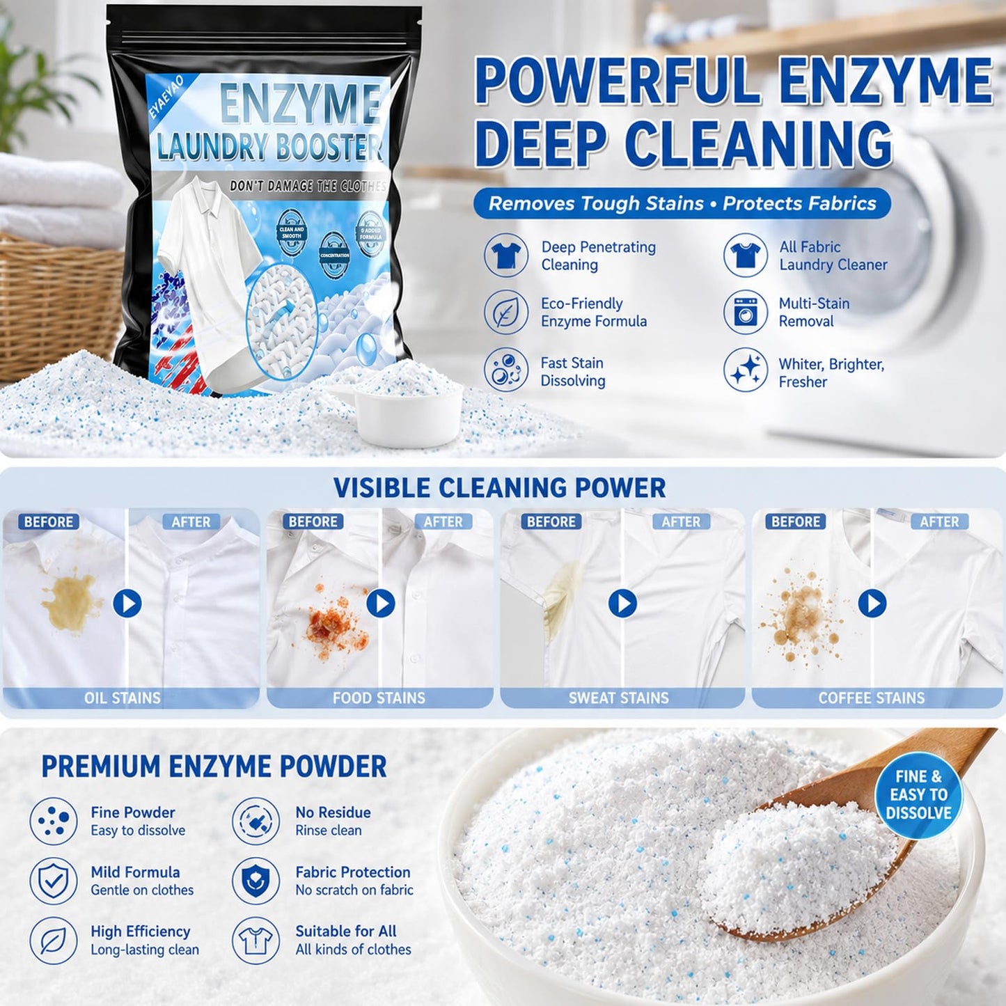 Bio Enzyme Laundry Booster Powder - Ultra-Concentrated Stain & Odor Remover for Whites & Colors | Oxygen Bleach Alternative | Non-Toxic, Biodegradable