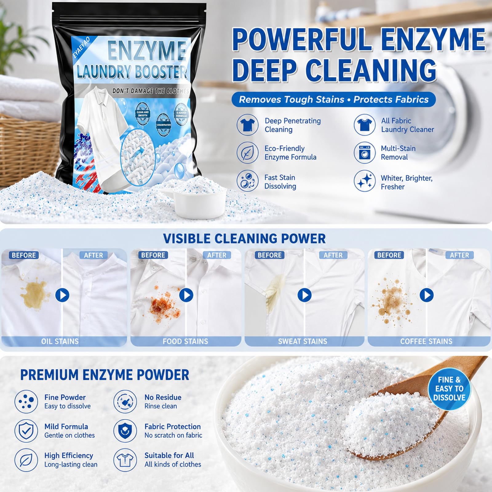 Bio Enzyme Laundry Booster Powder - Ultra-Concentrated Stain & Odor Remover for Whites & Colors | Oxygen Bleach Alternative | Non-Toxic, Biodegradable