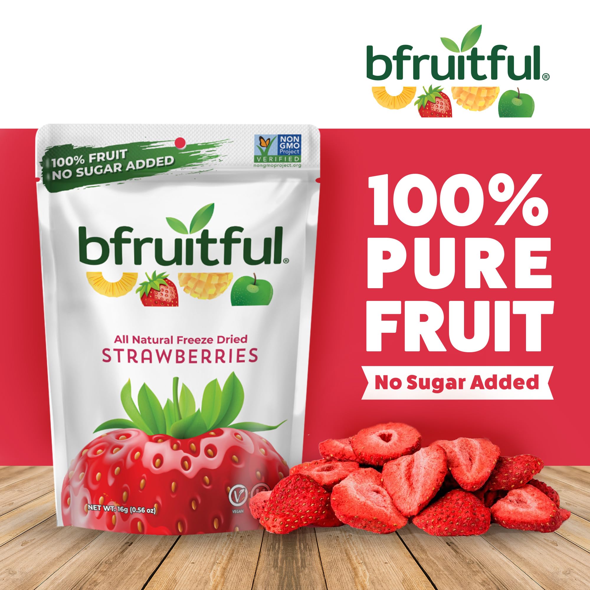 bfruitful Freeze Dried Strawberries, Freeze-Dried Strawberry Snacks with No Sugar Added, Vegan, Non GMO, Kosher, Fruit Bites for Kids and Adults, 0.56