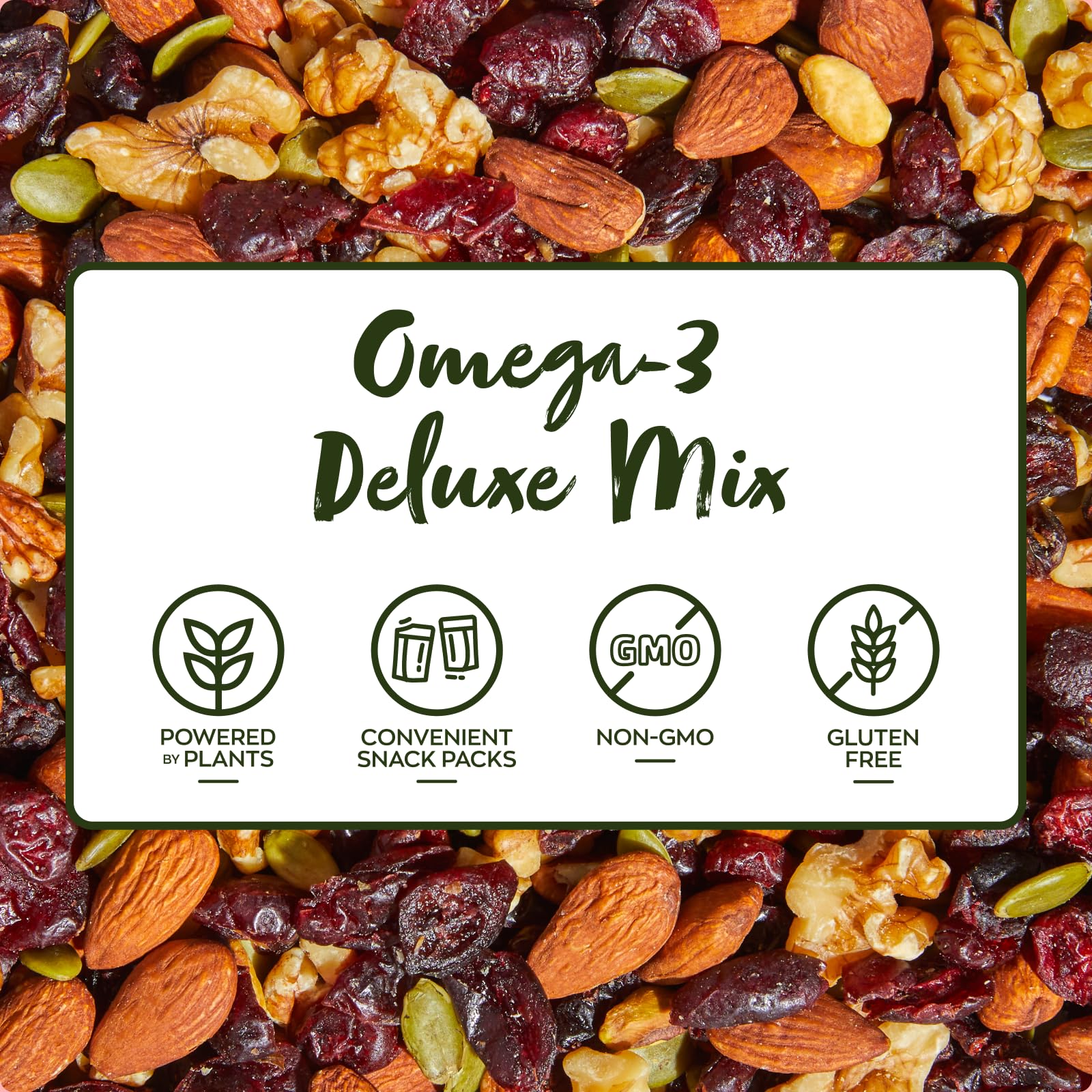 Nature's Garden Omega 3 Deluxe Mix - Trail Mix Nuts, Heart Healthy, Gluten Free, Cholesterol Free, Sodium Free, No Artificial Ingredients - 1.2 oz