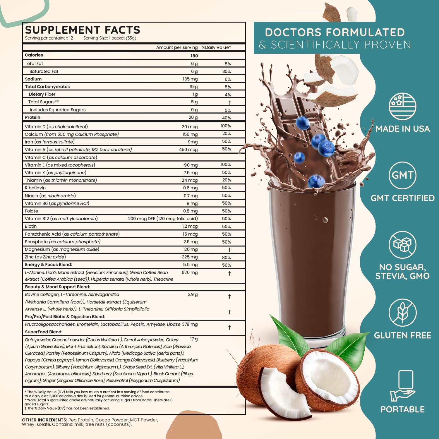SuperFood Meal Replacement for Women - All-In-One Protein Powder with Greens & Vitamins & Collagen | Chocolate Protein Shake & Supplement Snack