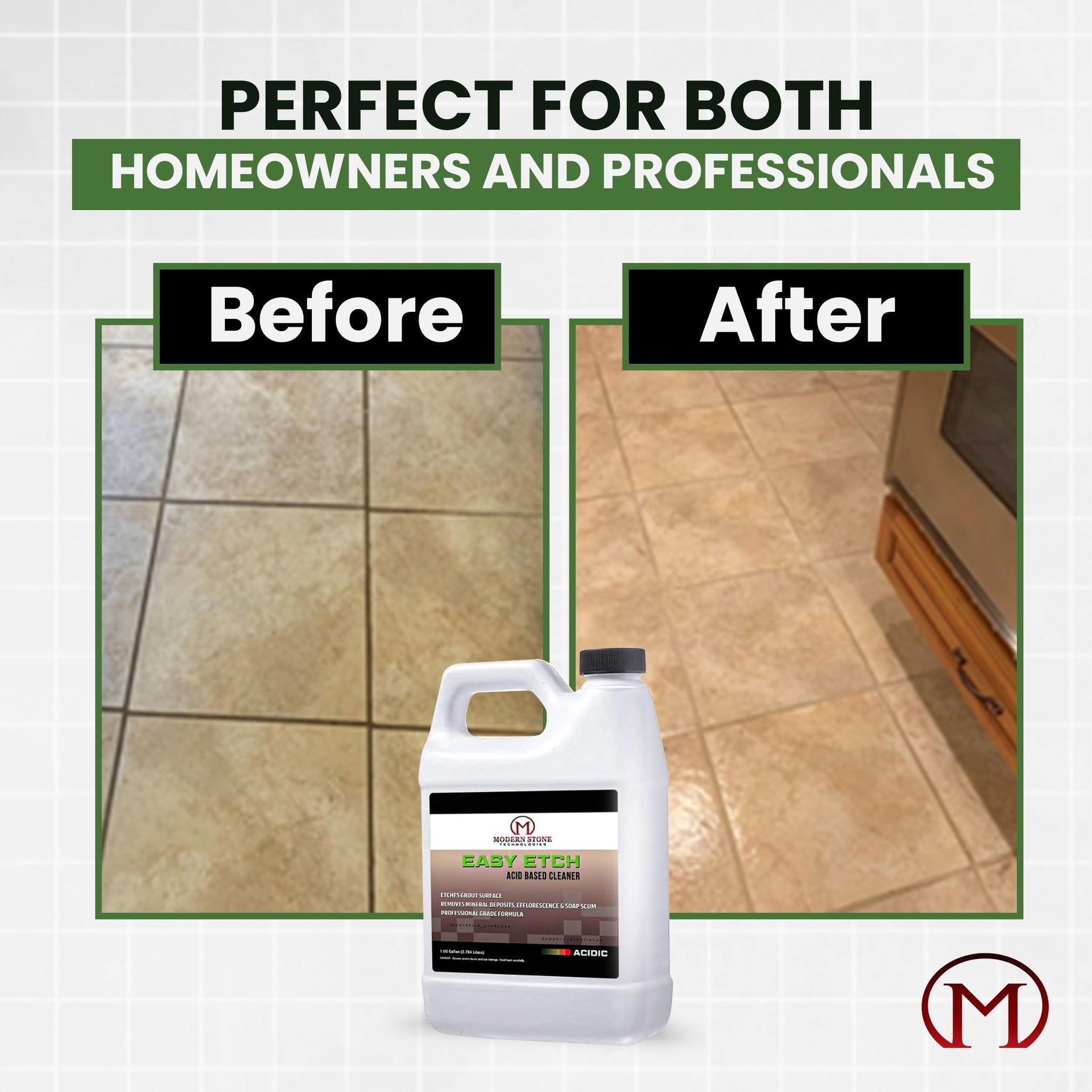 Modern Stone Technologies Easy Etch - Acid-Based Tile & Grout Cleaner Concentrate (Grout Haze/Mortar Smear Remover, Mineral Deposit & Rust Stain